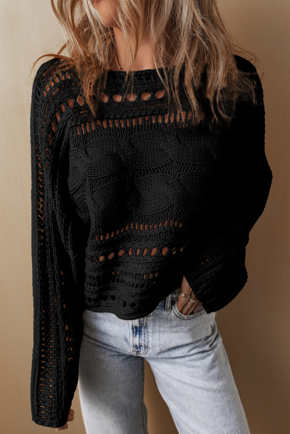 Blackish Green Hollow-out Cable Knit Cropped Sweater - loveforevers
