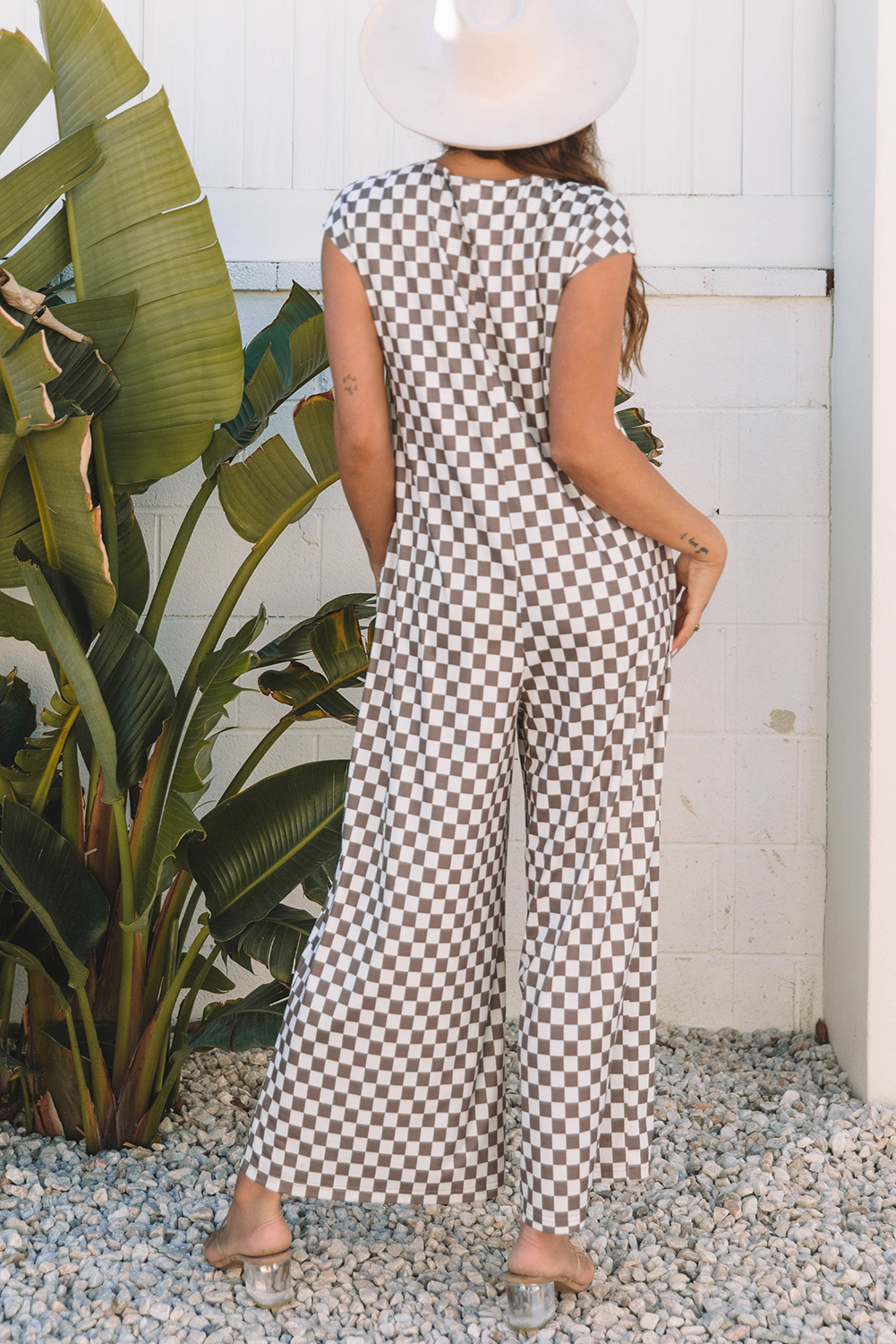 Khaki Checkered Print Buttoned Crew Neck Wide Leg Jumpsuit - loveforevers