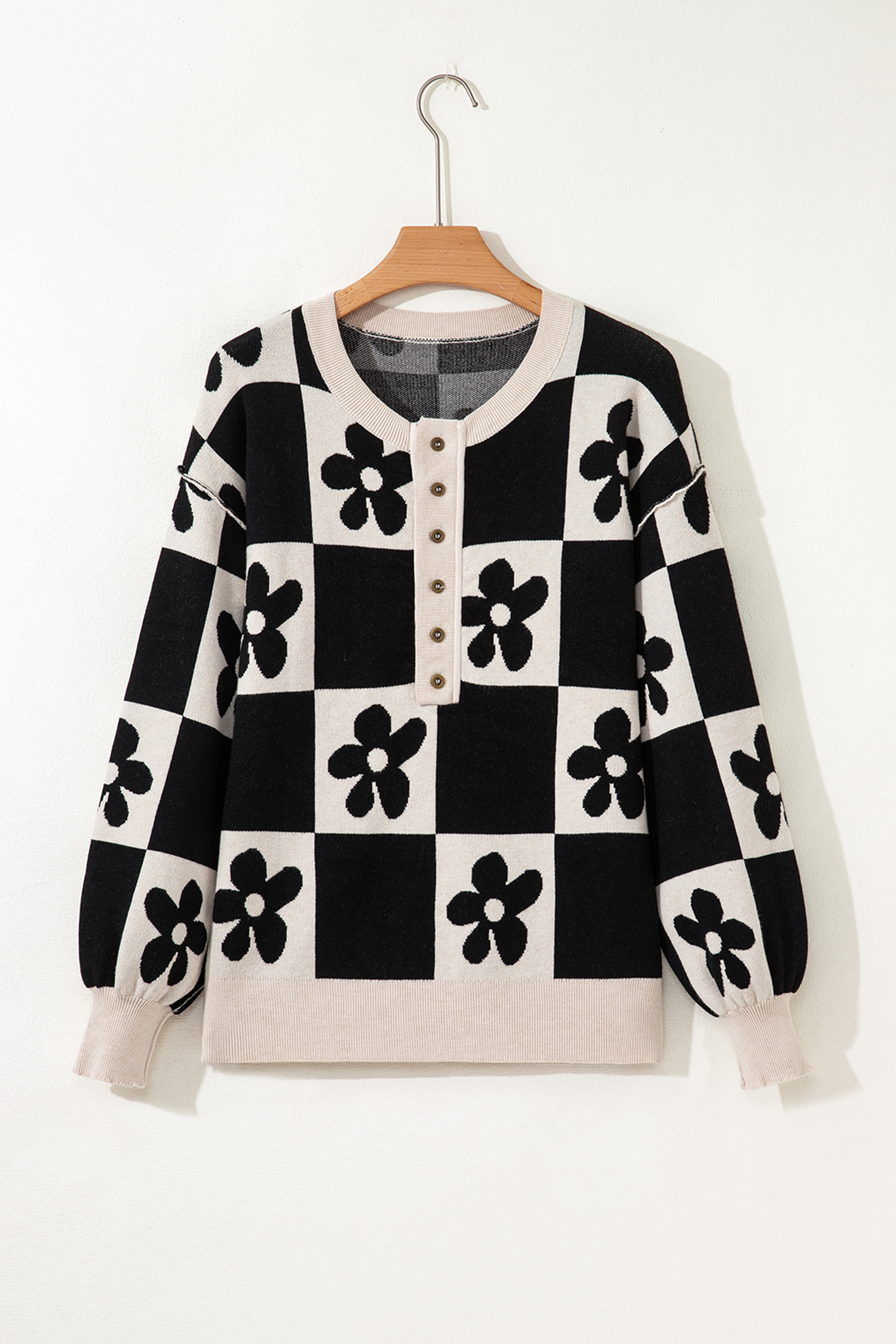 Black Flower Plaid Henley Baggy Sweater - loveforevers