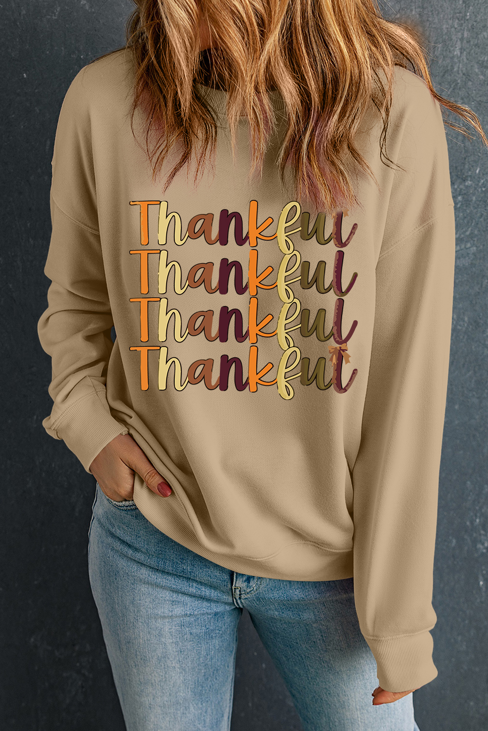 Khaki Thankful Repeated Print Drop Shoulder Casual Sweatshirt - loveforevers