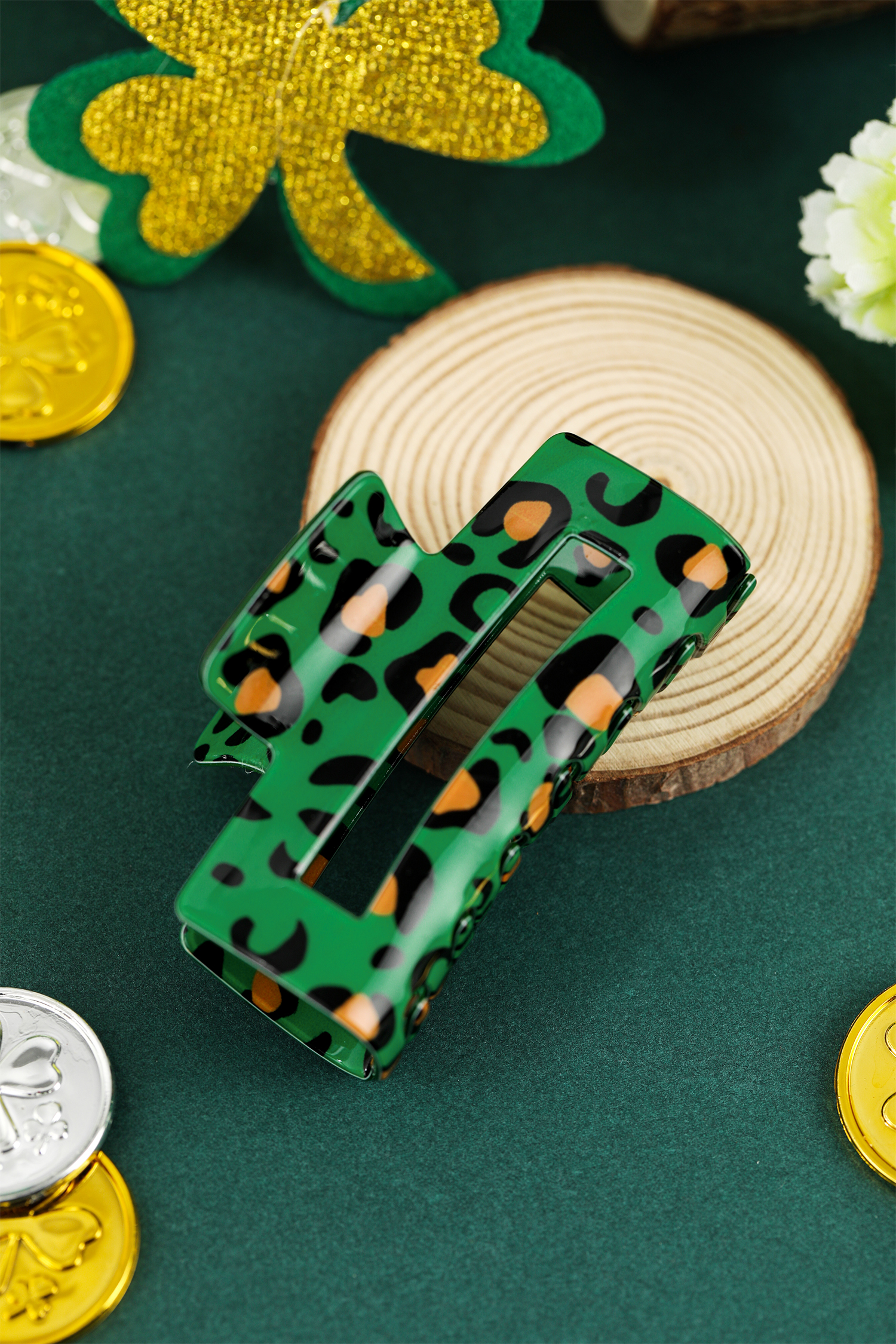 Dark Green Leopard Print Square Hollowed Plastic Hair Claw Clip - loveforevers