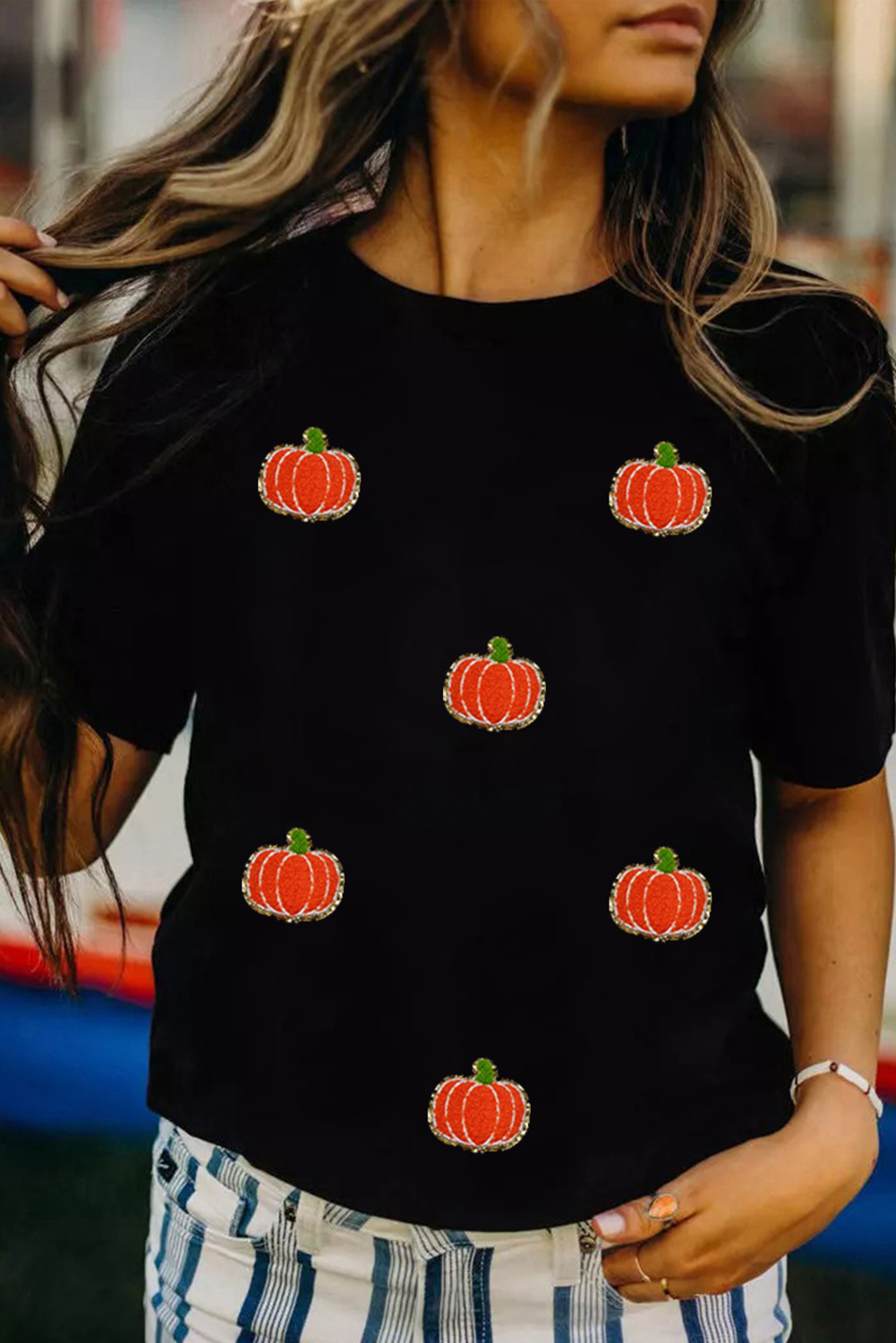 Black Chenille Pumpkin Patched Casual Cotton Blend T Shirt - loveforevers