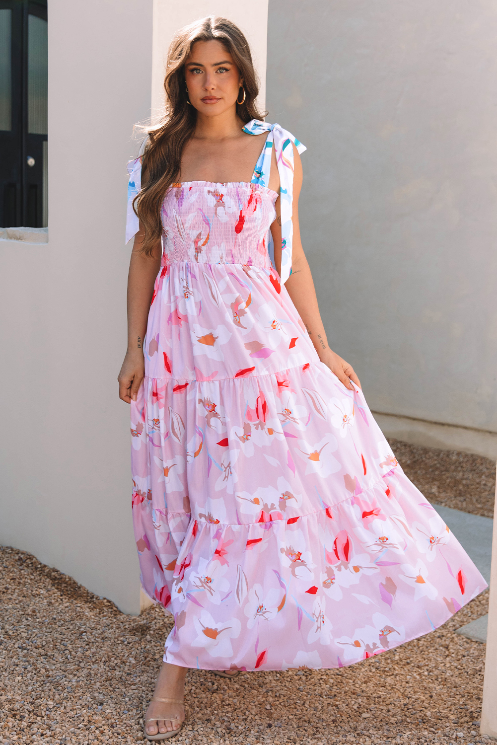 Pink Floral Print Knotted Shoulder Smocked Maxi Dress - loveforevers