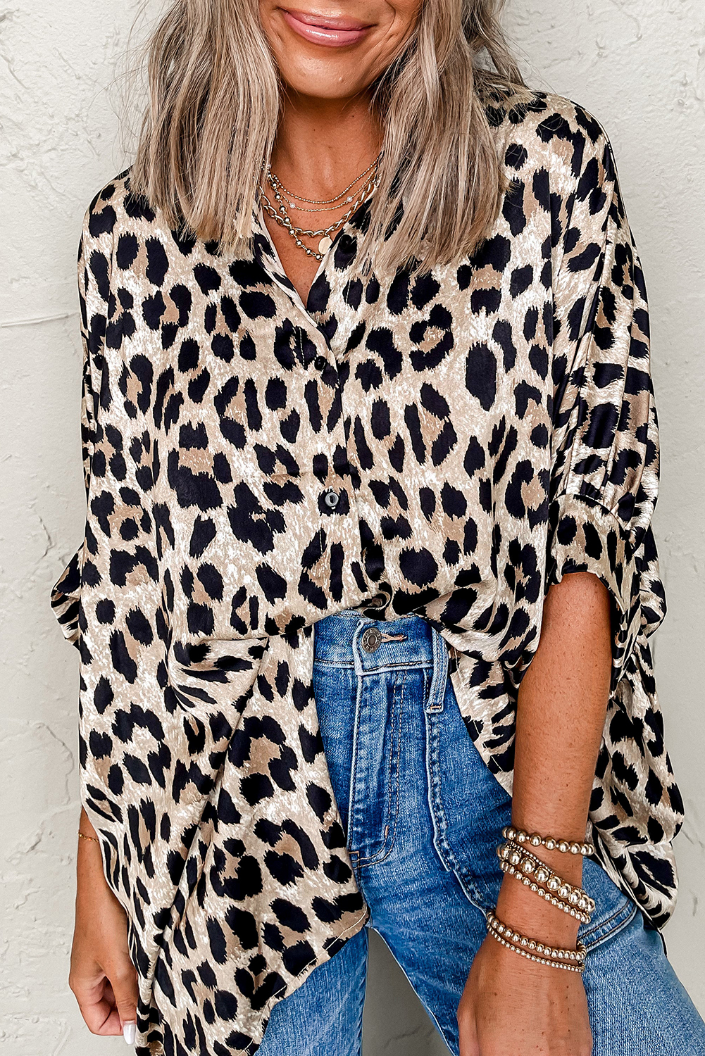 Beige Leopard Print Buttoned 3/4 Sleeve Loose Fit Shirt - loveforevers