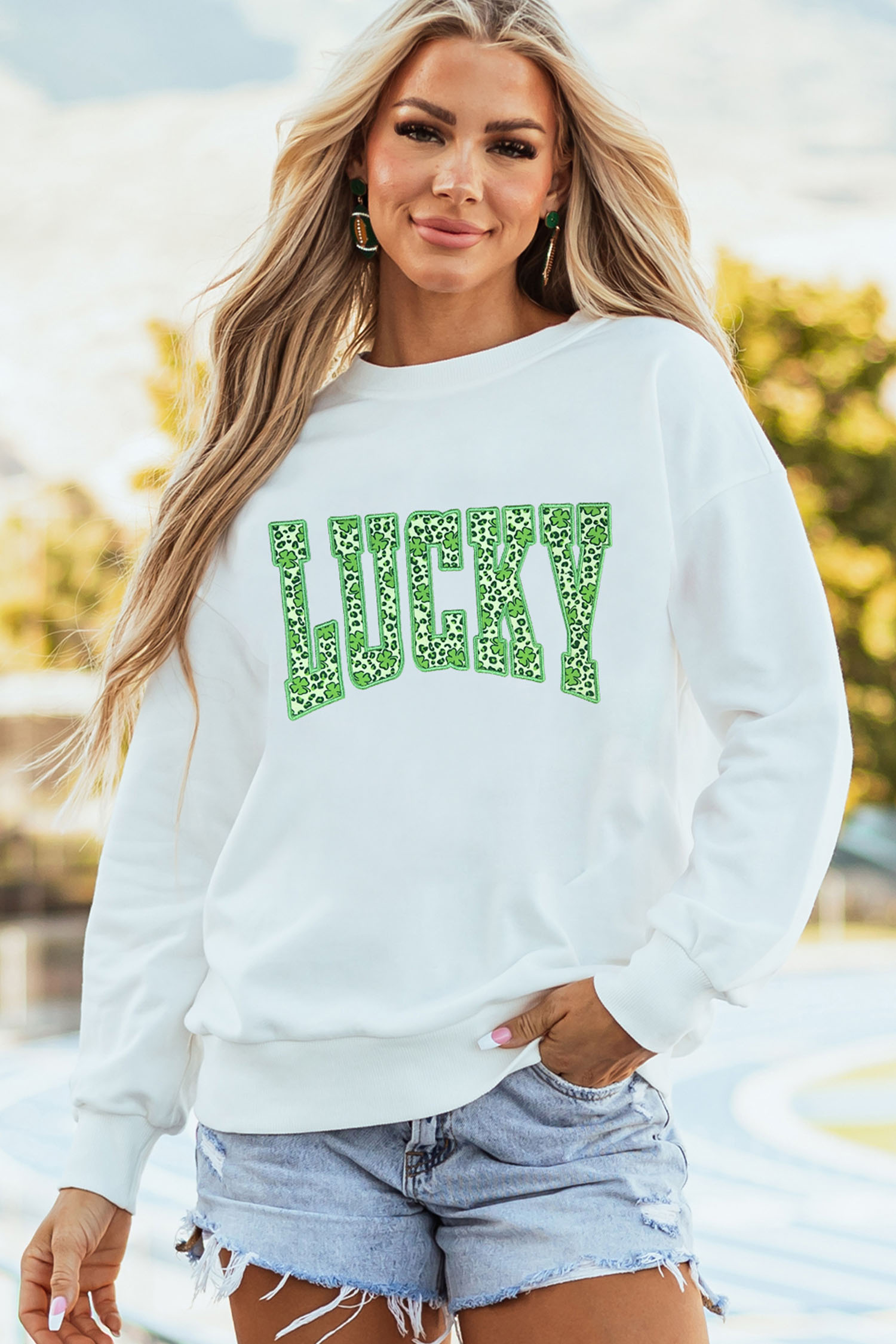 White Leopard Cover LUCKY Embroidered Patch Graphic Sweatshirt - loveforevers