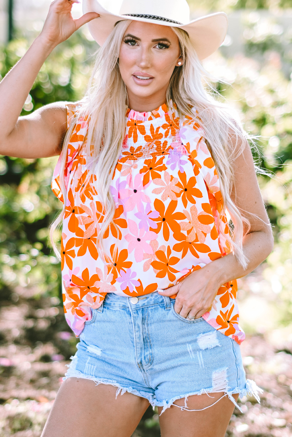 Orange Ruffled Sleeve Smocked Floral Top - loveforevers