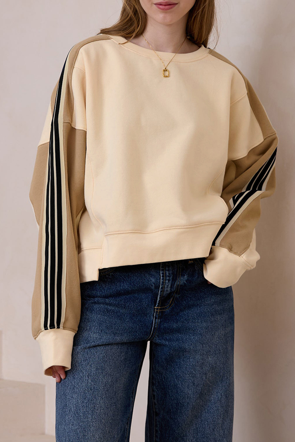 Beige Contrast Striped Patchwork Drop Shoulder Loose Sweatshirt - loveforevers