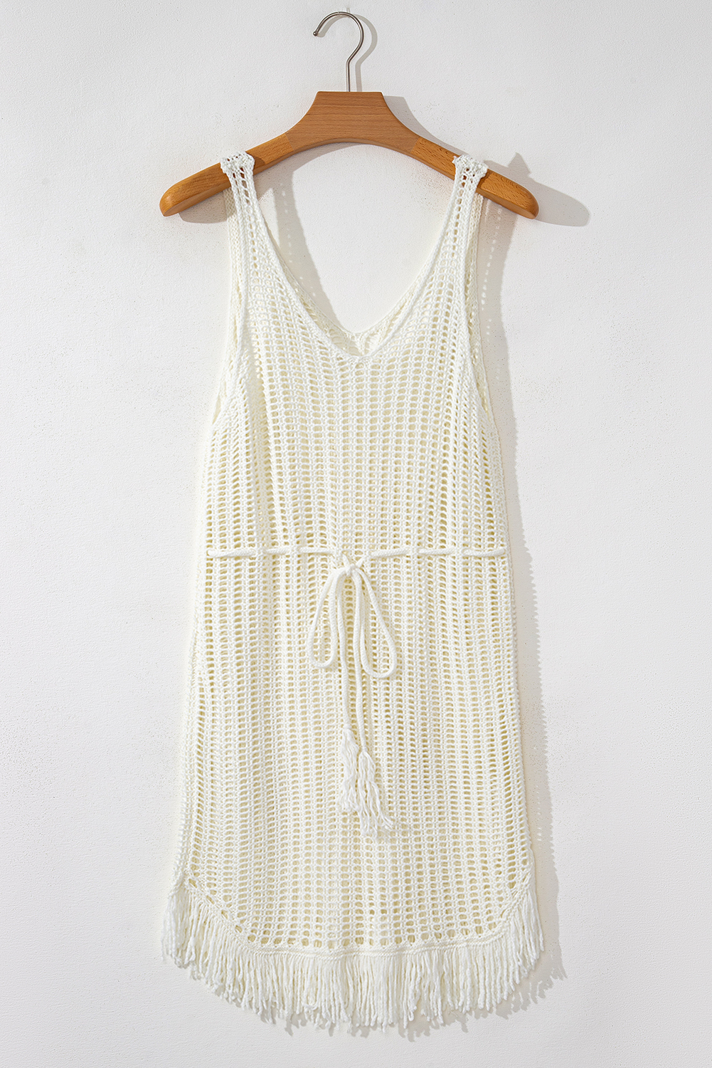 White Crochet Fishnet Fringed Edge V Neck Beach Cover Up - loveforevers