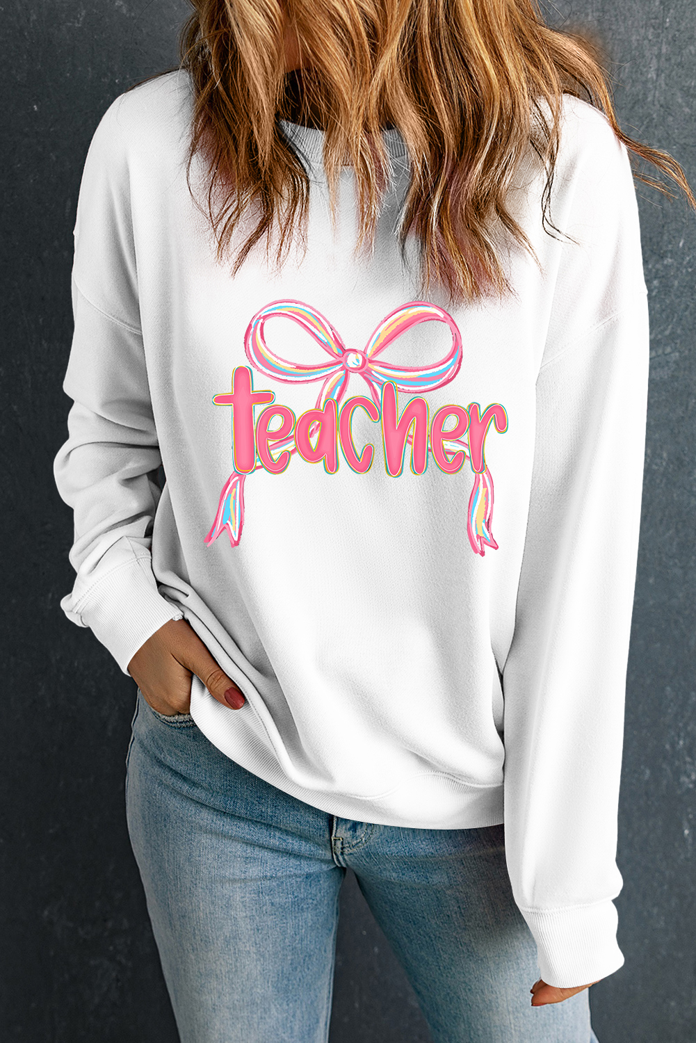 White Teacher Bow PNG Graphic Pullover Sweatshirt - loveforevers