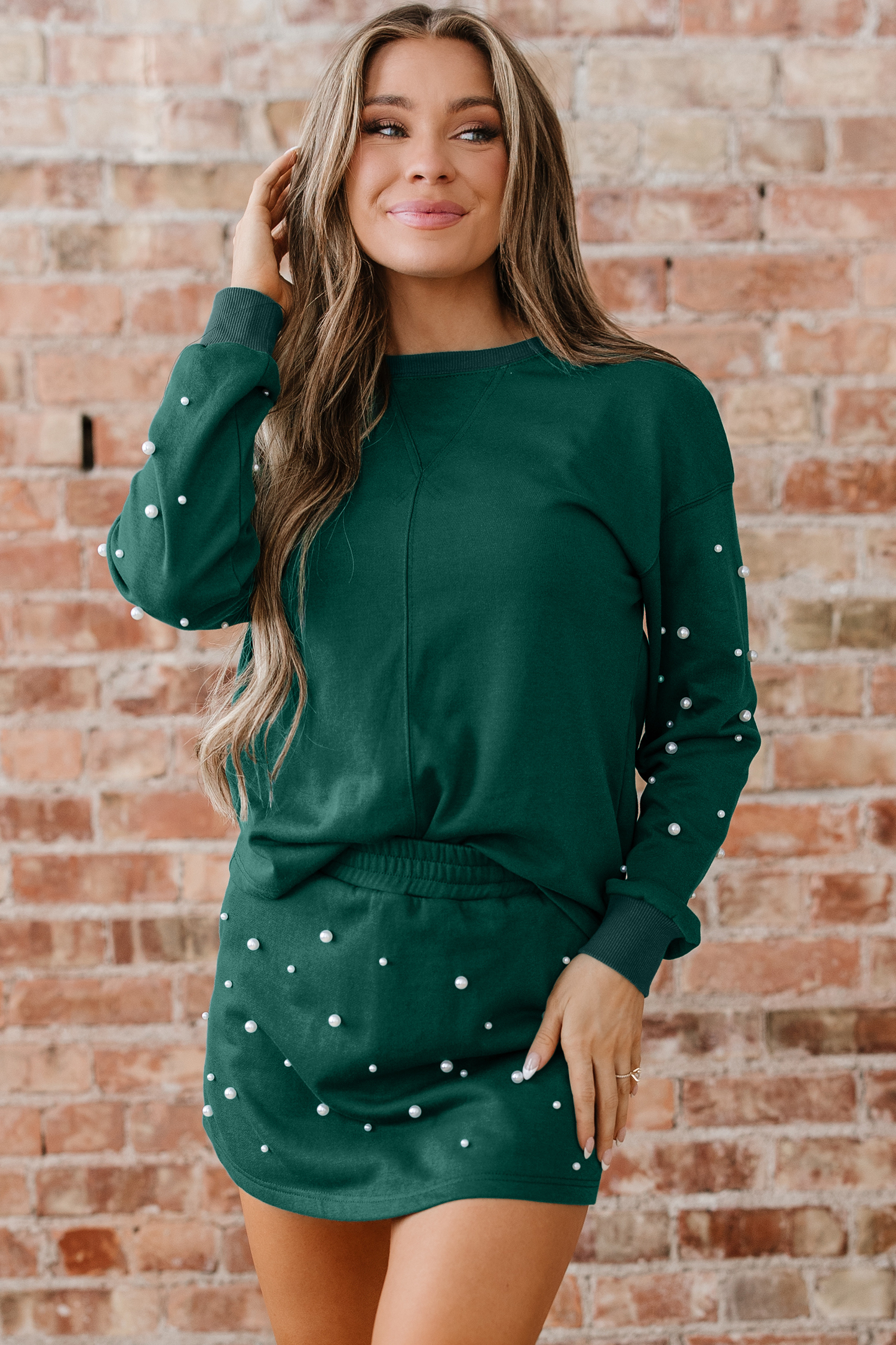 Dark Green Pearl Embellished Drop Shoulder Pullover Elastic Waist Mini Skirt Set - loveforevers