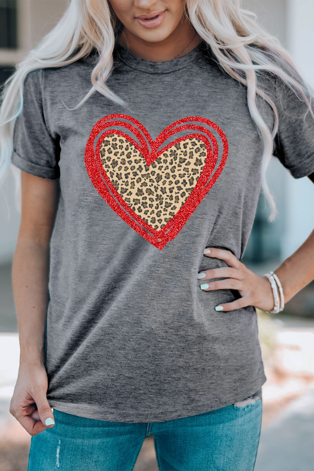Gray Sequin Leopard Heart Graphic T-shirt - loveforevers