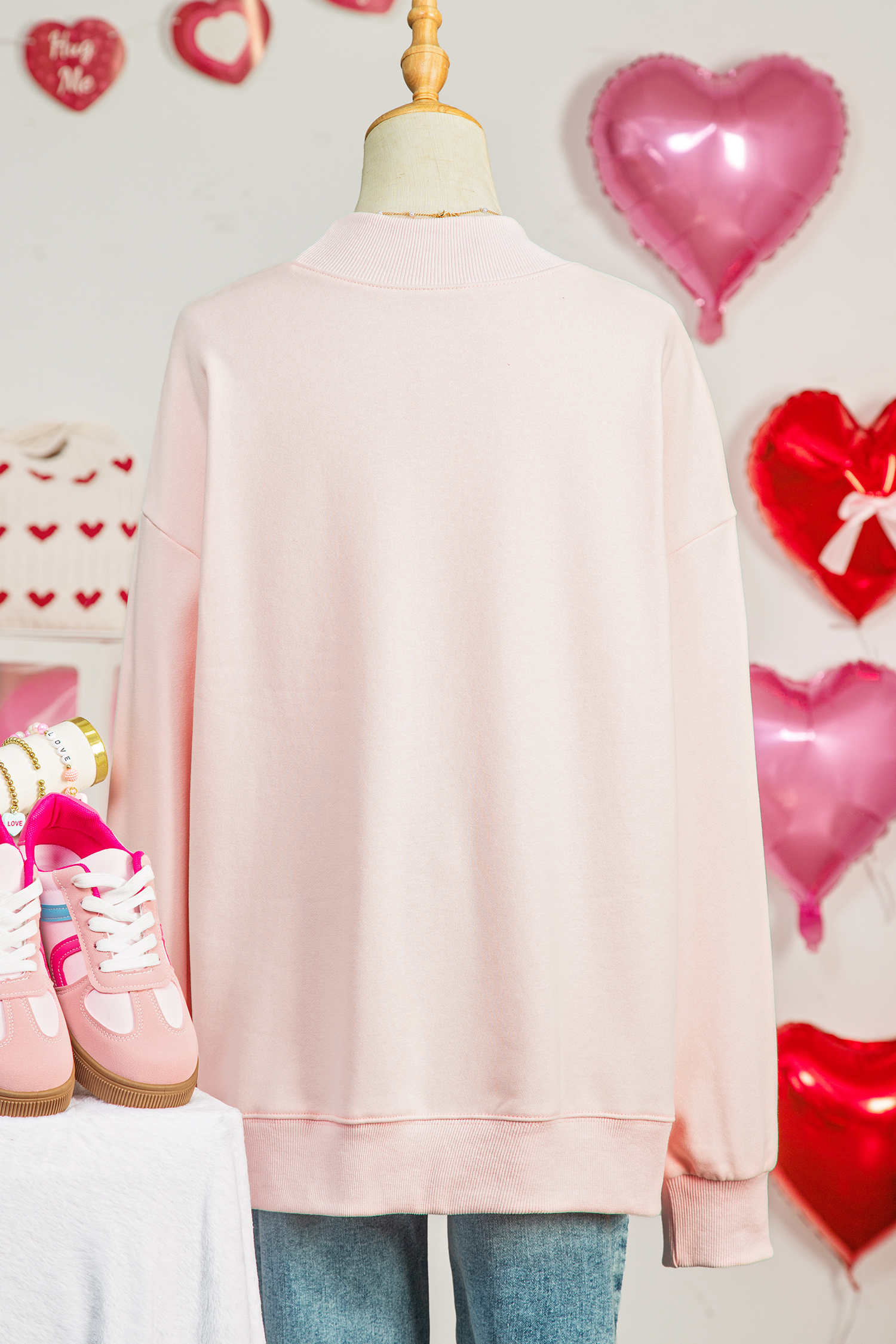 Apricot Pink Valentines Bow Heart Embroidered Mock Neck Sweatshirt - loveforevers