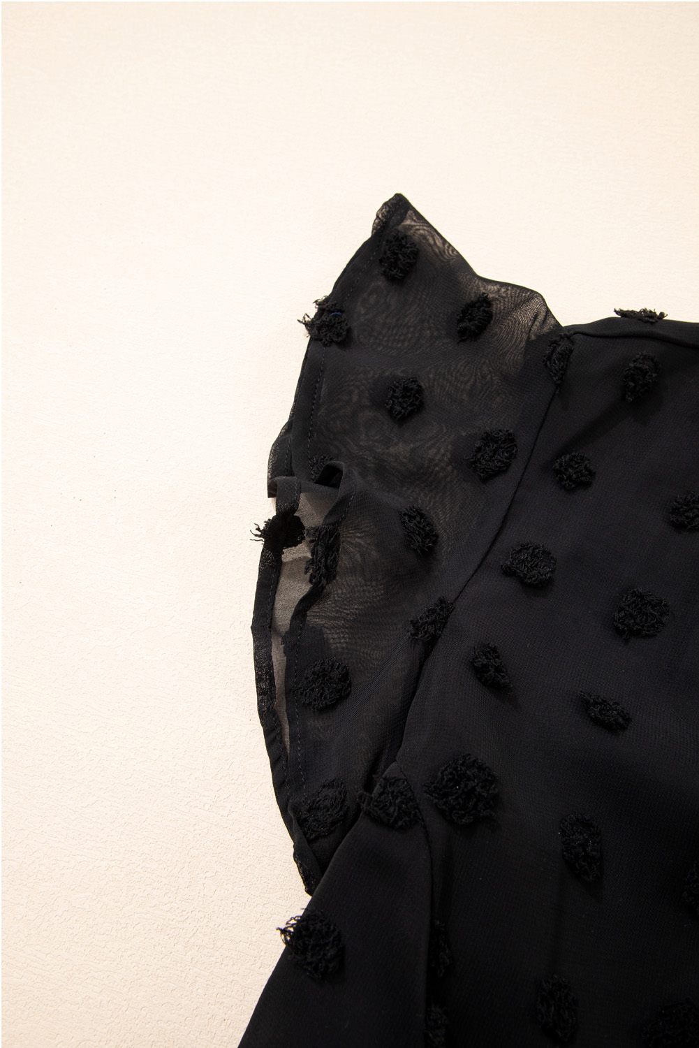 Black Dotty Textured Notched Neck Plus Ruffled Dress - loveforevers