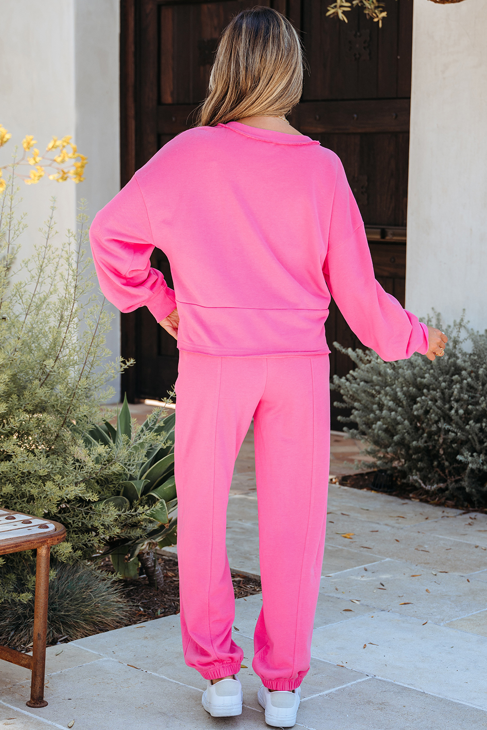 Bright Pink Raw Edge Half Buttons Pullover and Jogger Pants Set - loveforevers