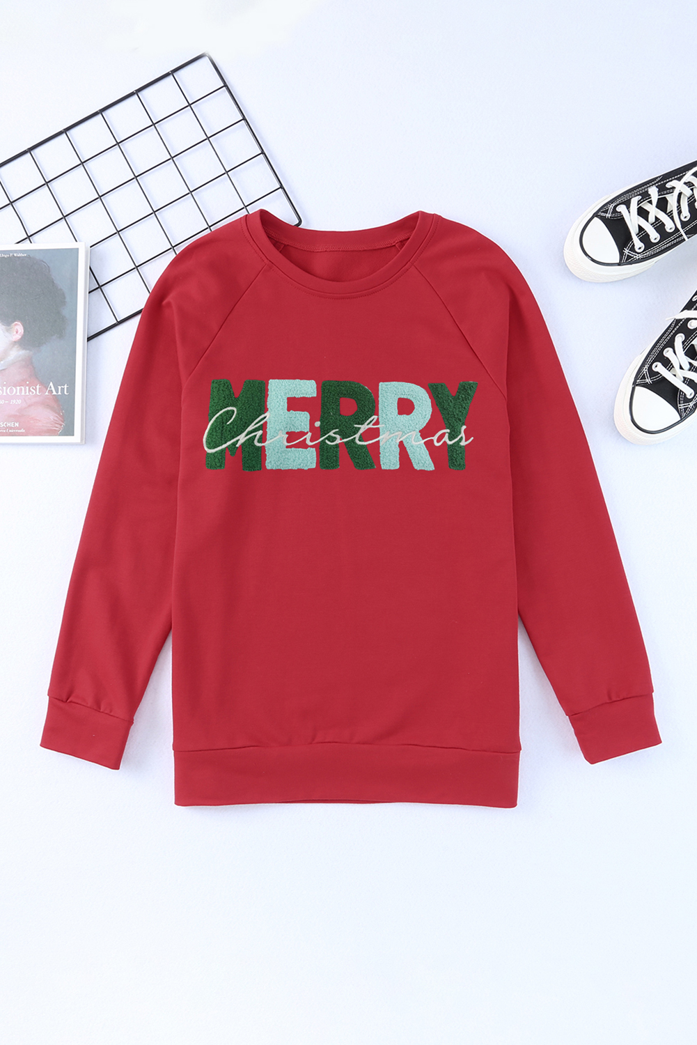 Fiery Red Chenille MERRY Christmas Raglan Sleeve Sweatshirt - loveforevers