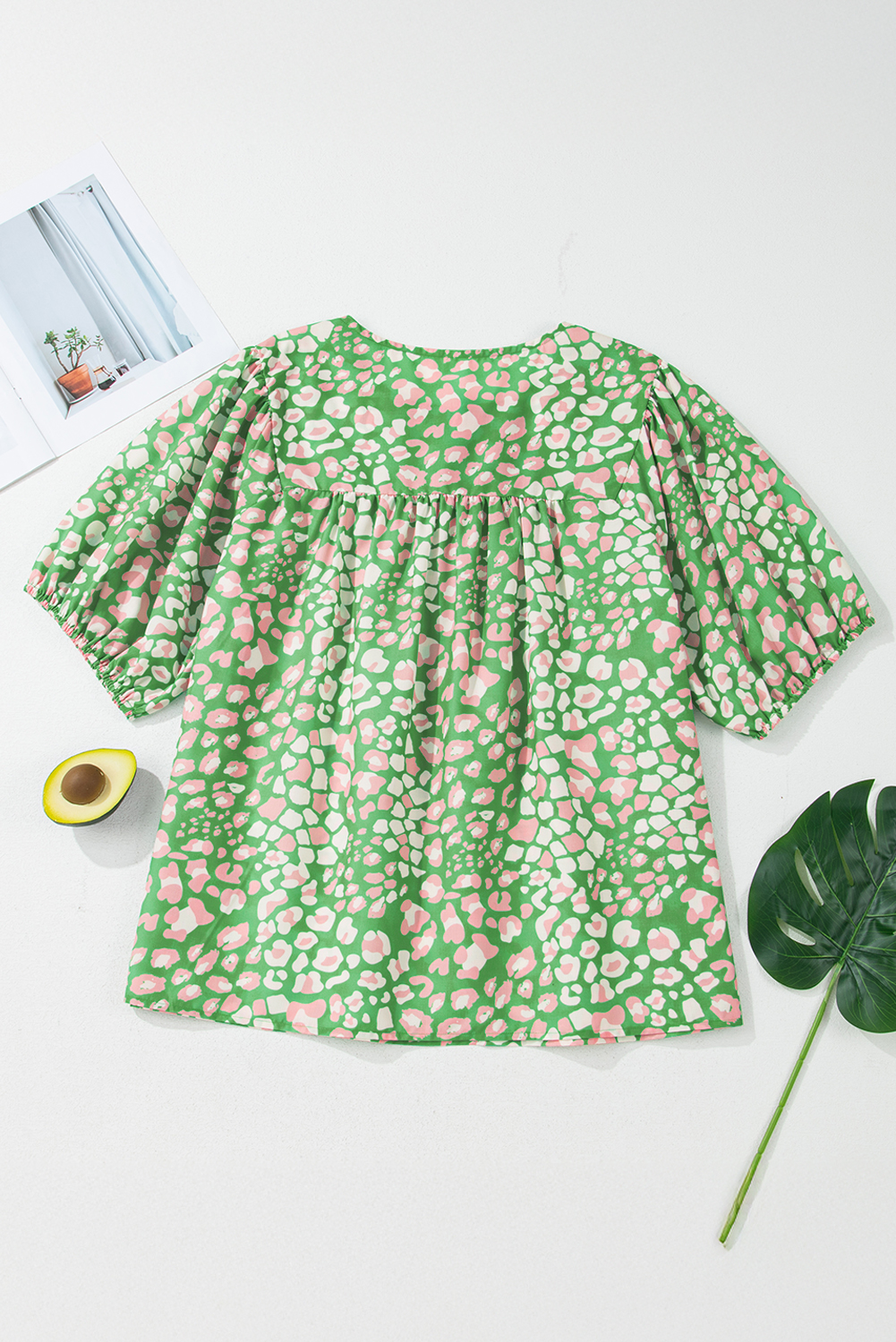 Green Abstract Leopard Tied Front Flutter Sleeve Blouse - loveforevers