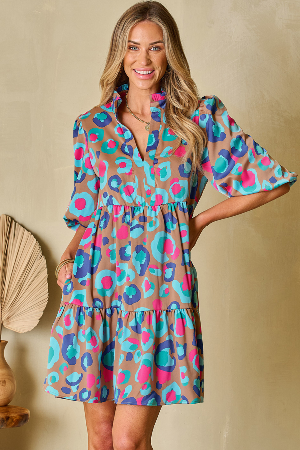 Green Leopard Print Bubble Sleeve Slit Neck Ruffled Dress - loveforevers