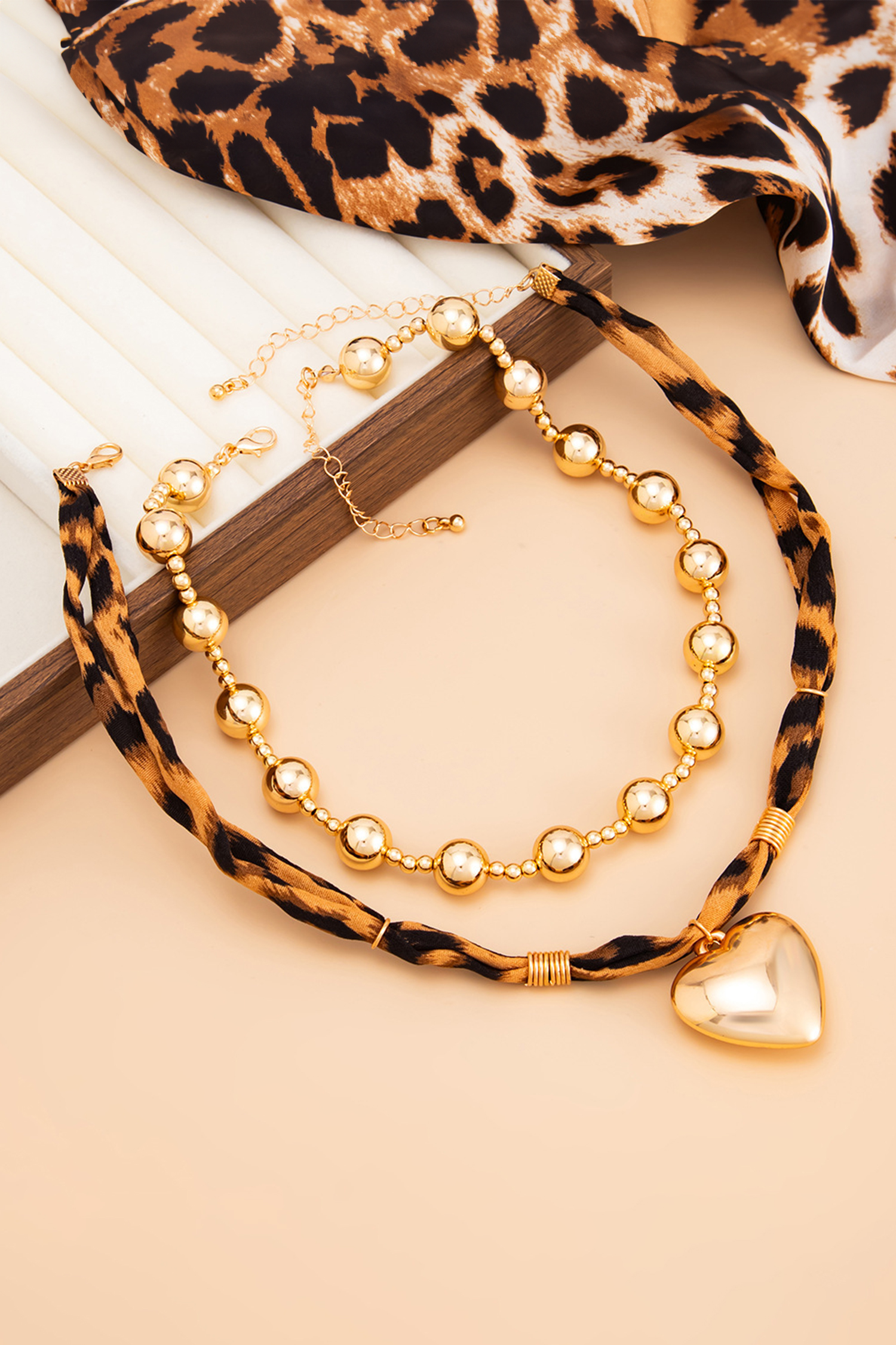 Gold Plated Mixed Beads Heart Charm Leopard Scarf 2pcs Necklace Set - loveforevers