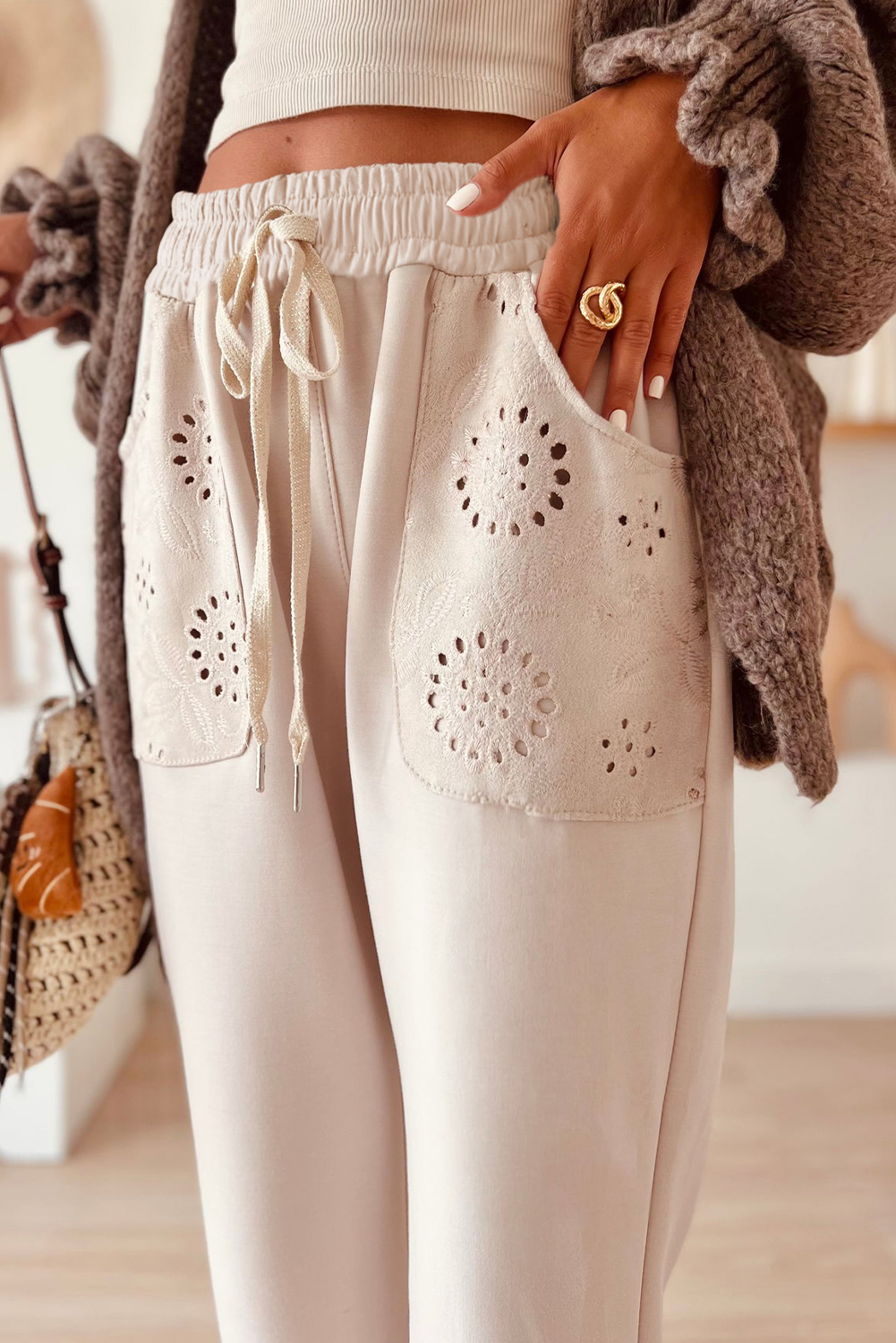 Jet Stream Embroidered Patched Pockets Drawstring Pants - loveforevers