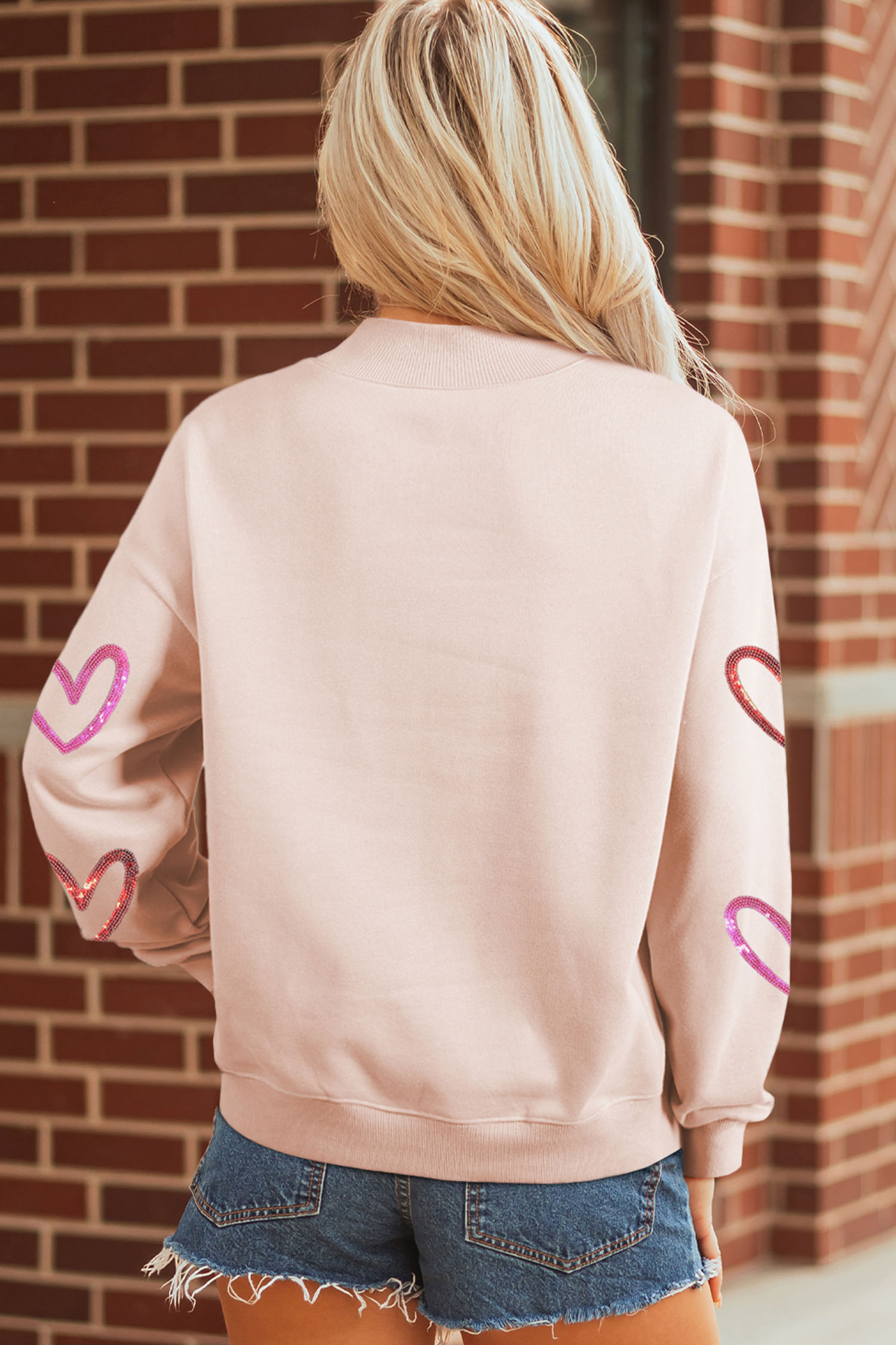 Apricot Pink Sequin Heart Sketch Patched Mock Neck Sweatshirt - loveforevers
