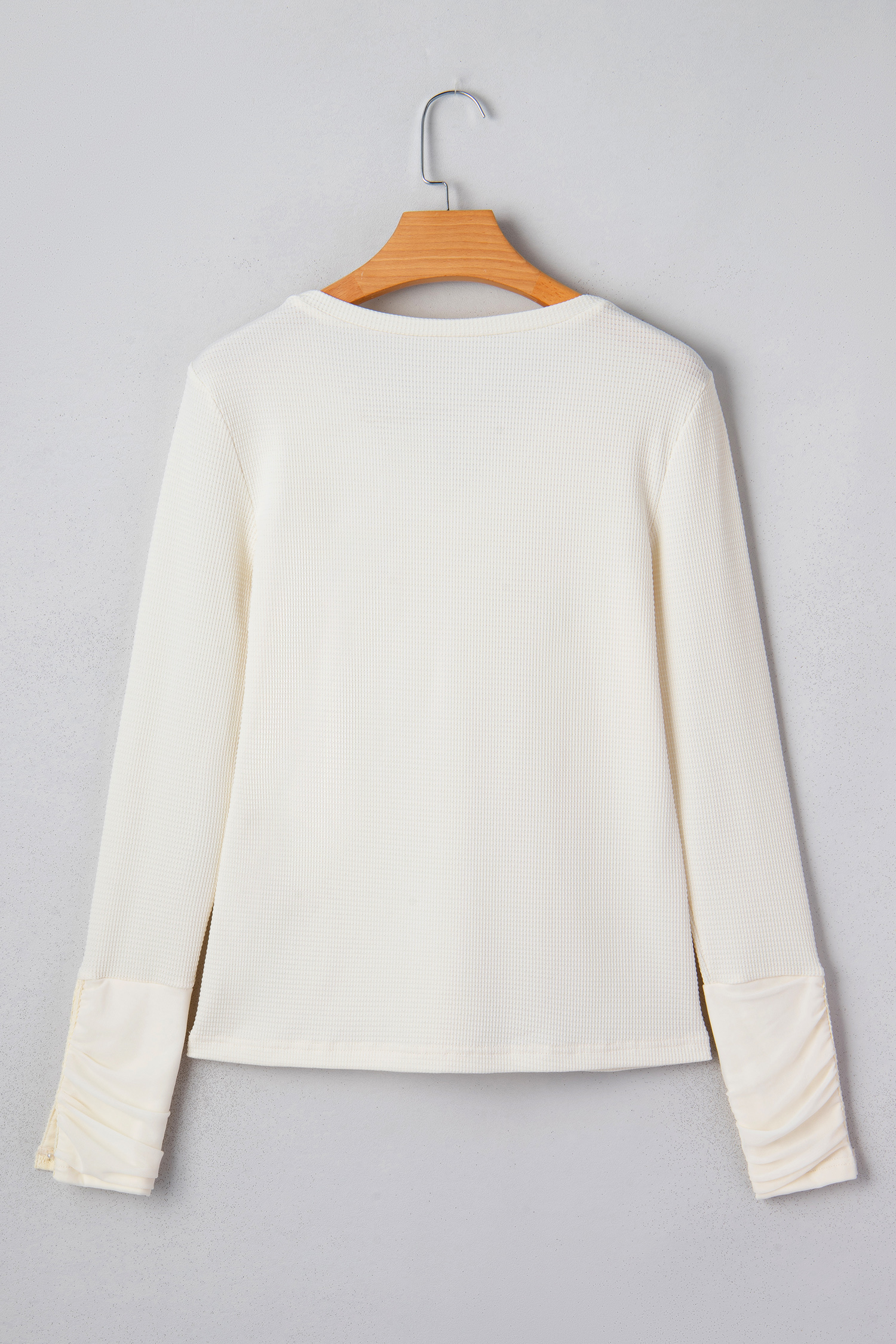 Beige Thermal Knit Lace Ruched Patchwork Long Sleeve V Neck Top - loveforevers
