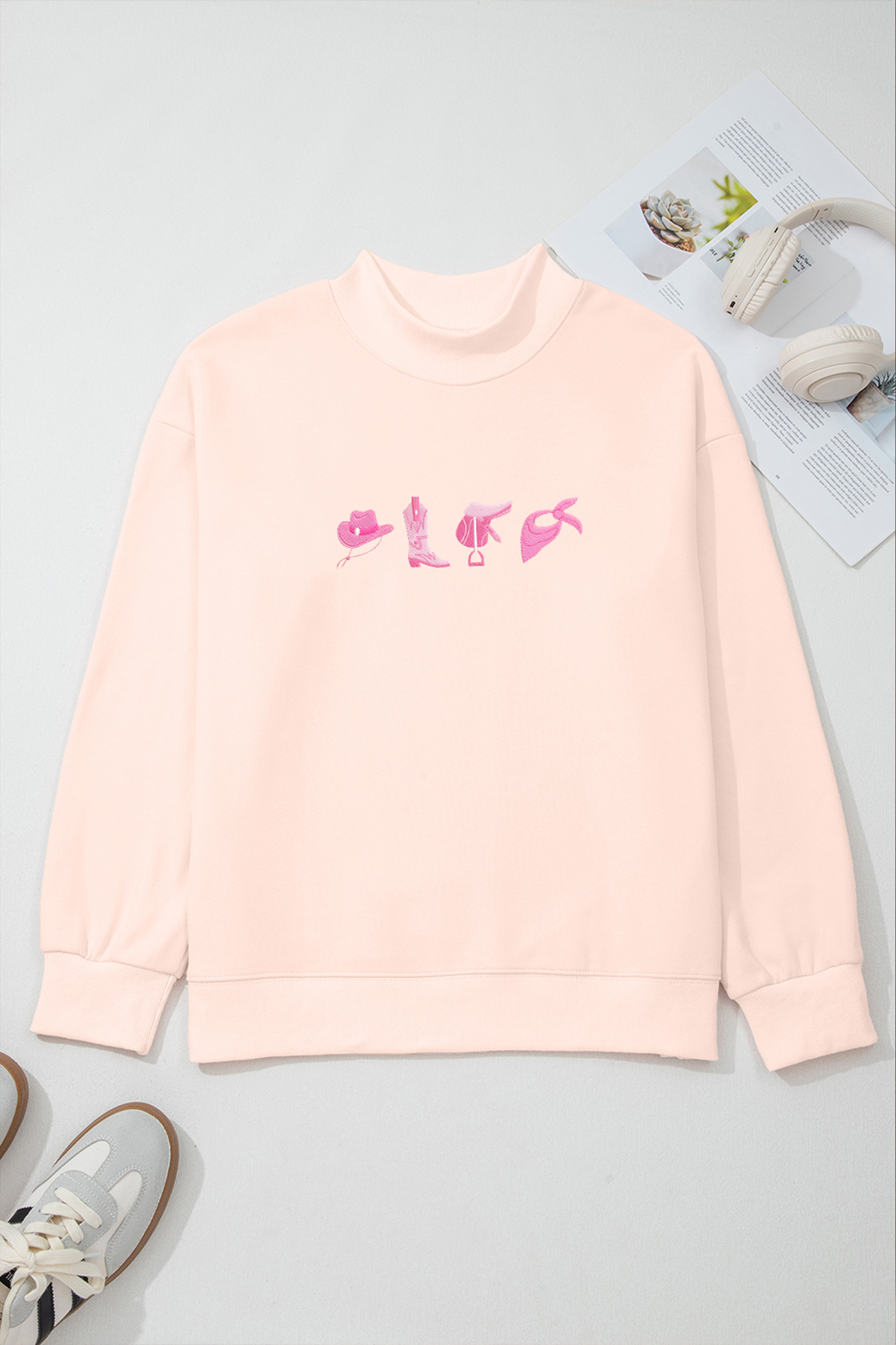 Apricot Pink Cowgirl Element Embroidered Detail Mock Neck Sweatshirt - loveforevers