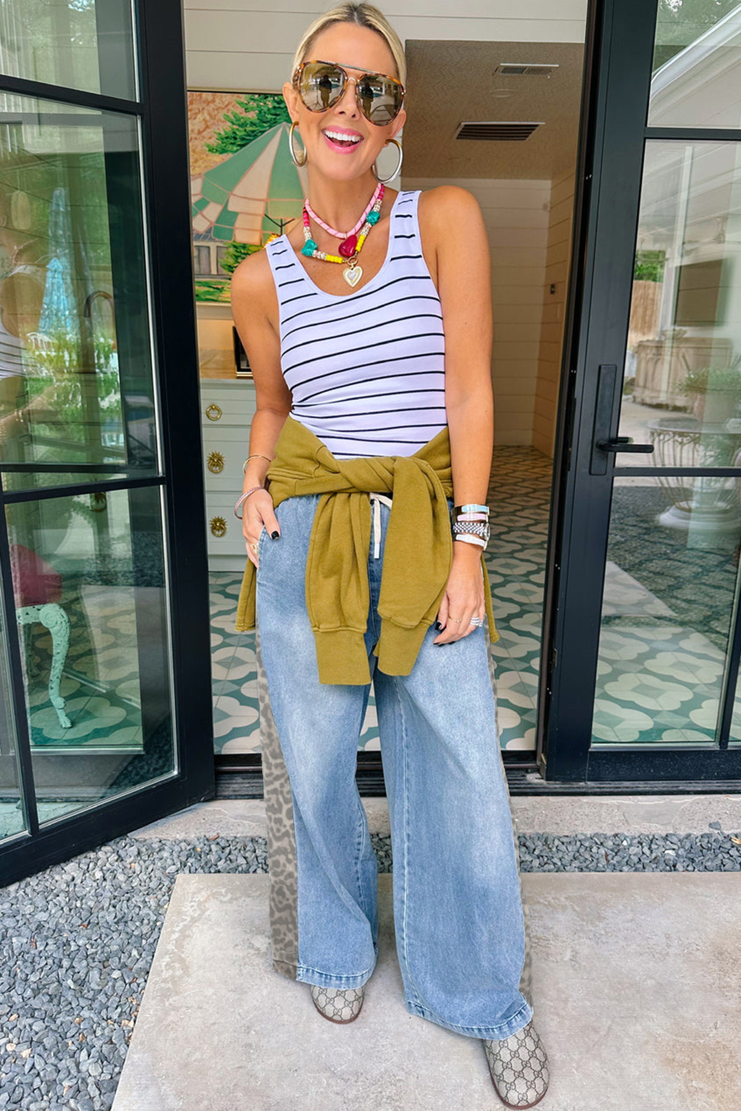 Beau Blue Drawstring Elastic Waist Leopard Striped Side Panel Wide Leg Jeans - loveforevers
