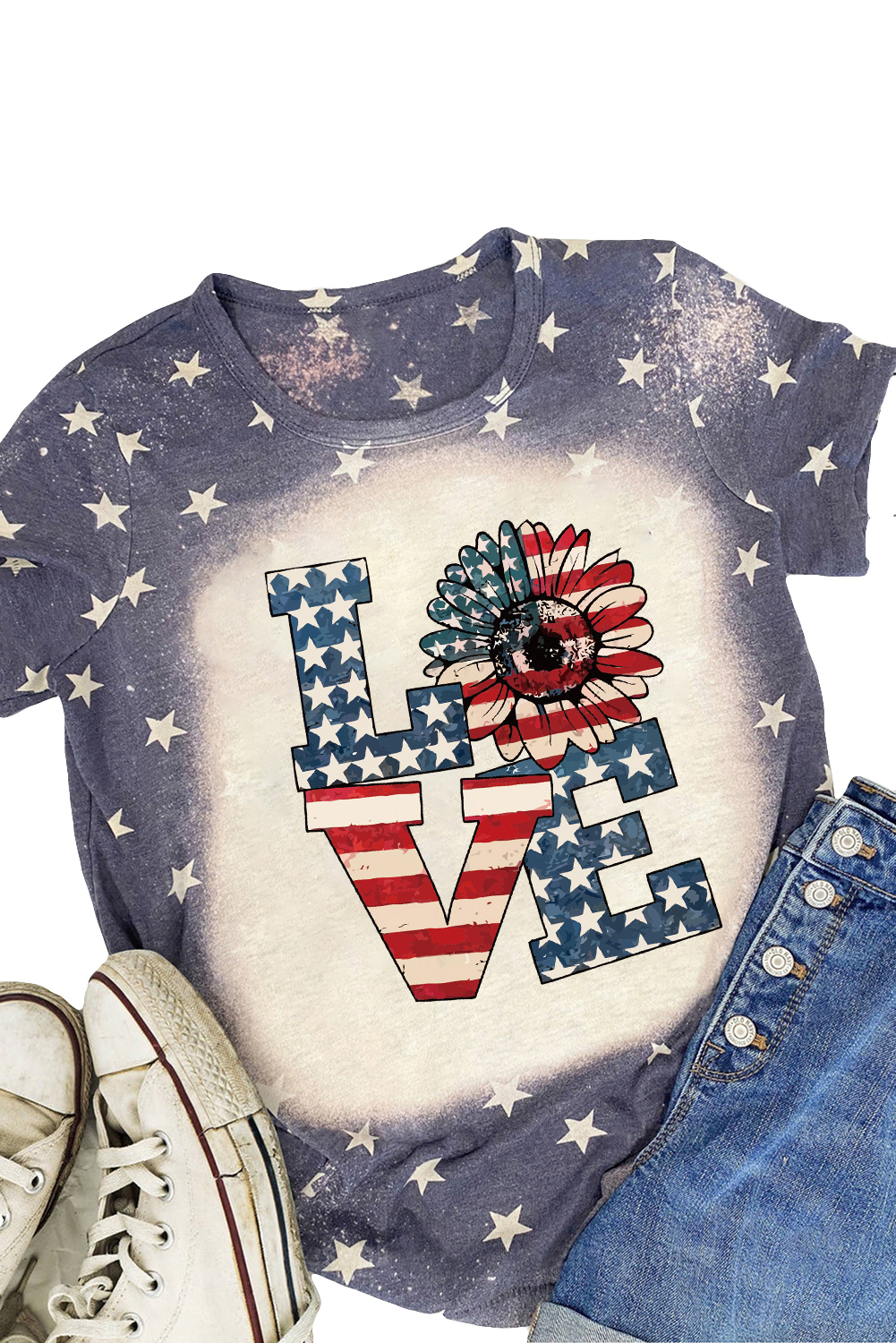Blue Starlet Allover Bleached LOVE Sunflower Flag Graphic Tee - loveforevers