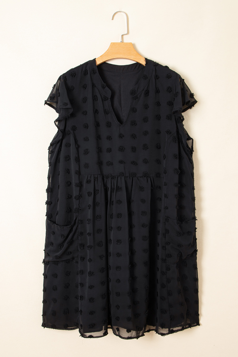 Black Dotty Textured Notched Neck Plus Ruffled Dress - loveforevers