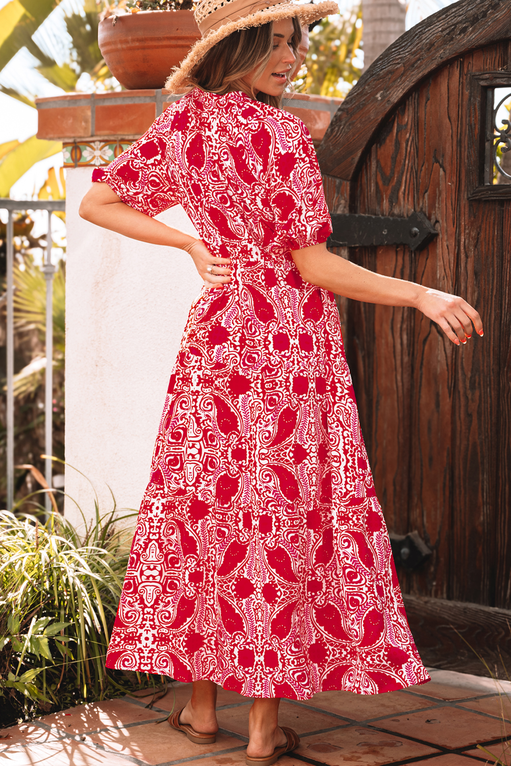 Red Paisley Print Side Slit Puff Sleeve High Waist Maxi Dress - loveforevers