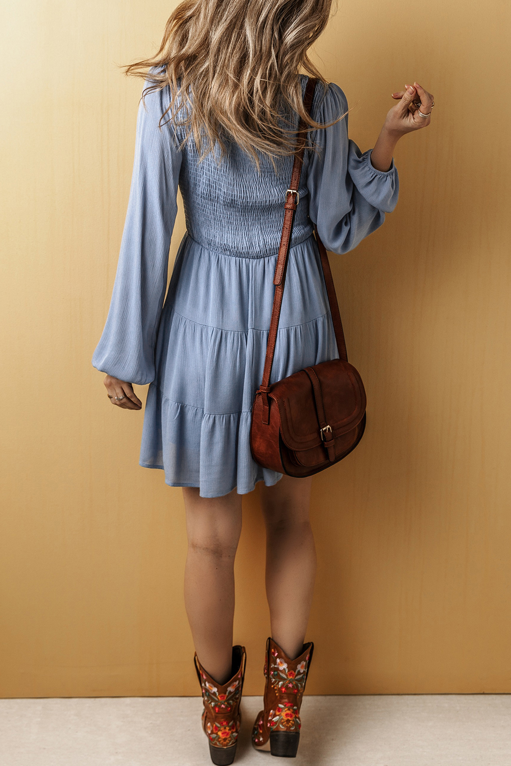 Ashleigh Blue Long Sleeve V Neck Smocked Tiered Mini Dress - loveforevers