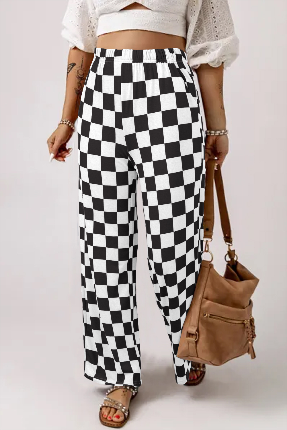 Black 2-Tone Checked Print High Waist Wide Leg Pants - loveforevers