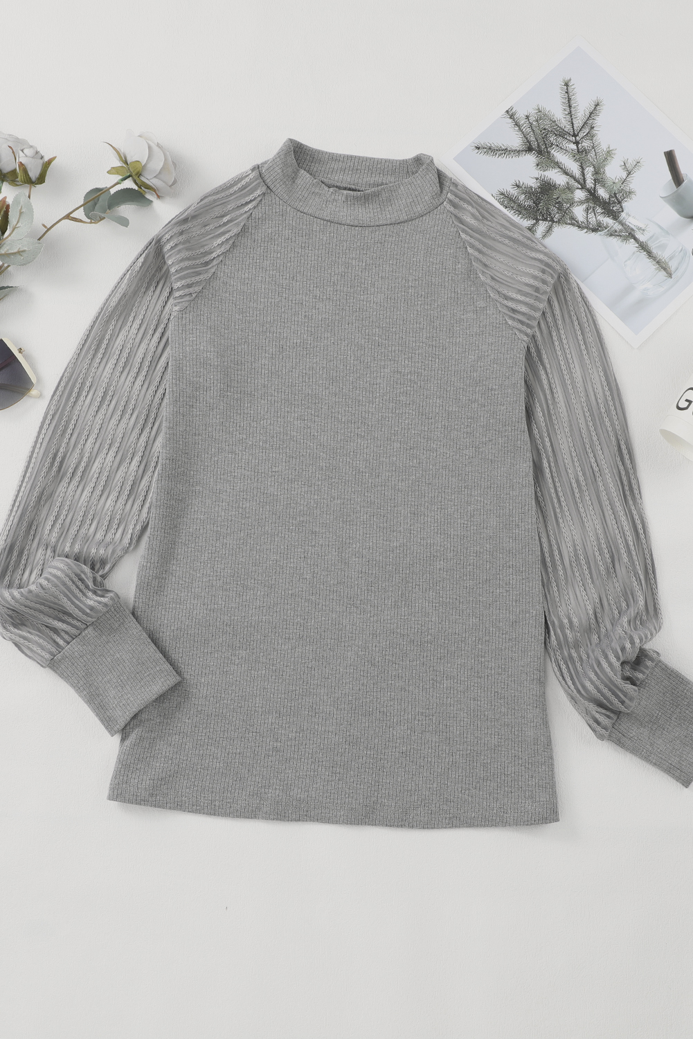 Gray Striped Mesh Long Sleeve Crewneck Ribbed Top - loveforevers