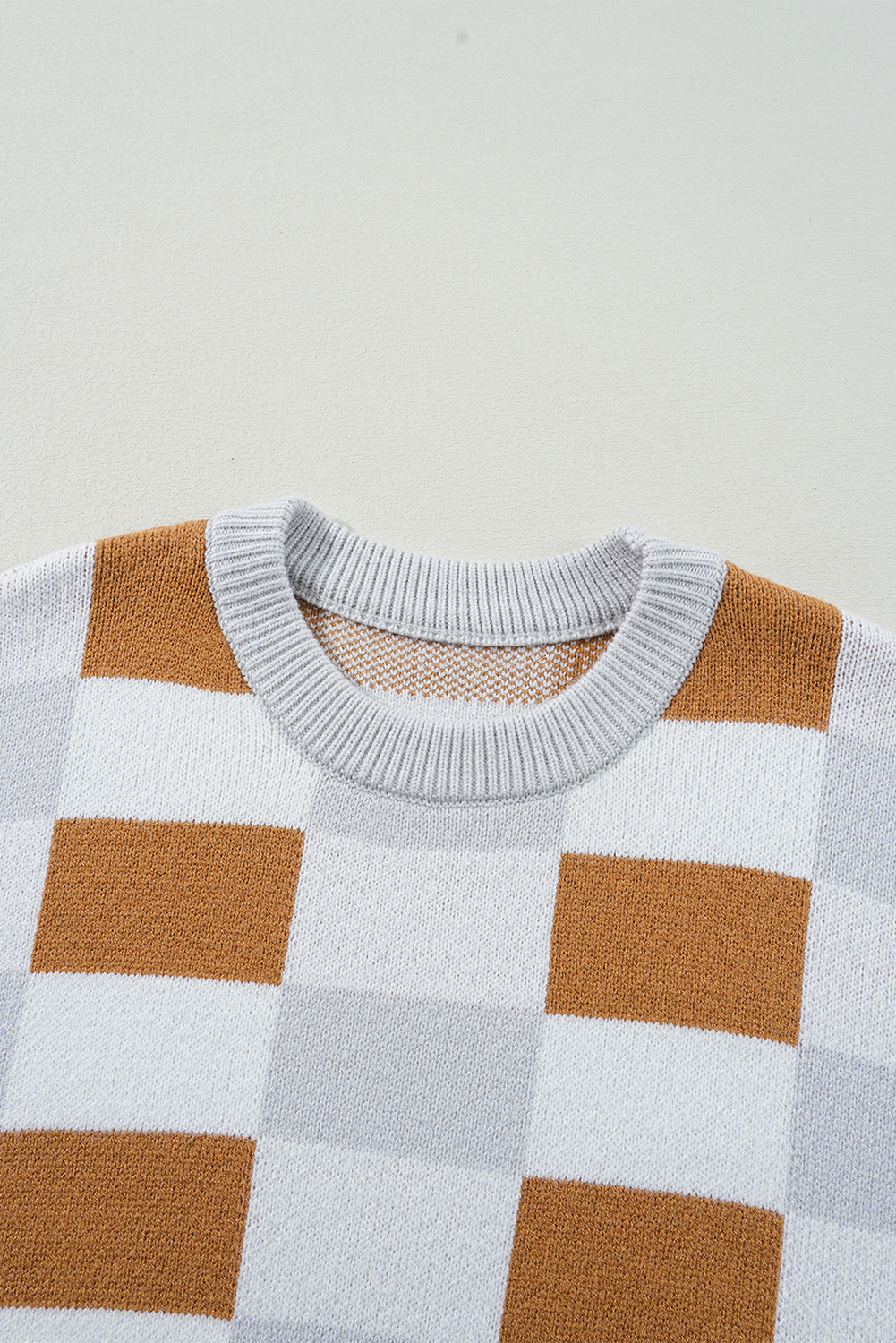 Khaki Checkered Ribbed Edge O Neck Drop Shoulder Sweater - loveforevers