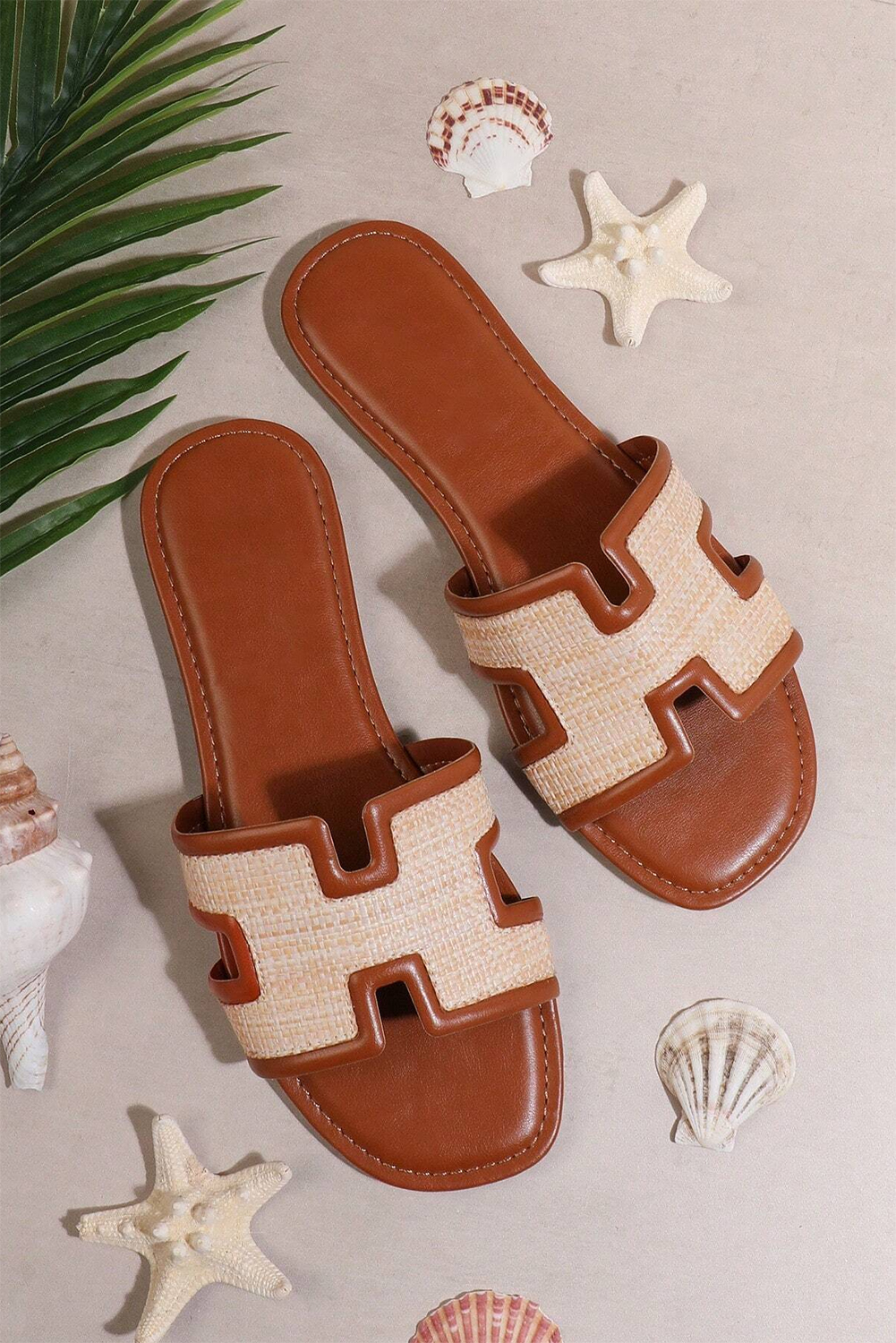 White Faux Raffia Detail Hollowed Open Toe Slippers - loveforevers