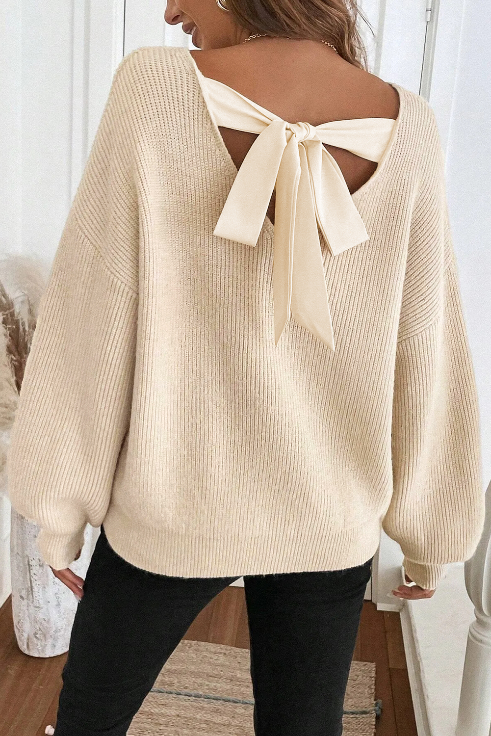 Black Ribbed Knit Ribbon Knot Backless Drop Shoulder Sweater - loveforevers
