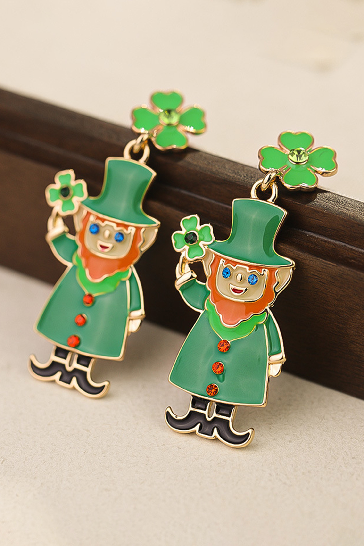 Dark Green St Patricks Day Enameled Leprechaun Drop Earrings - loveforevers