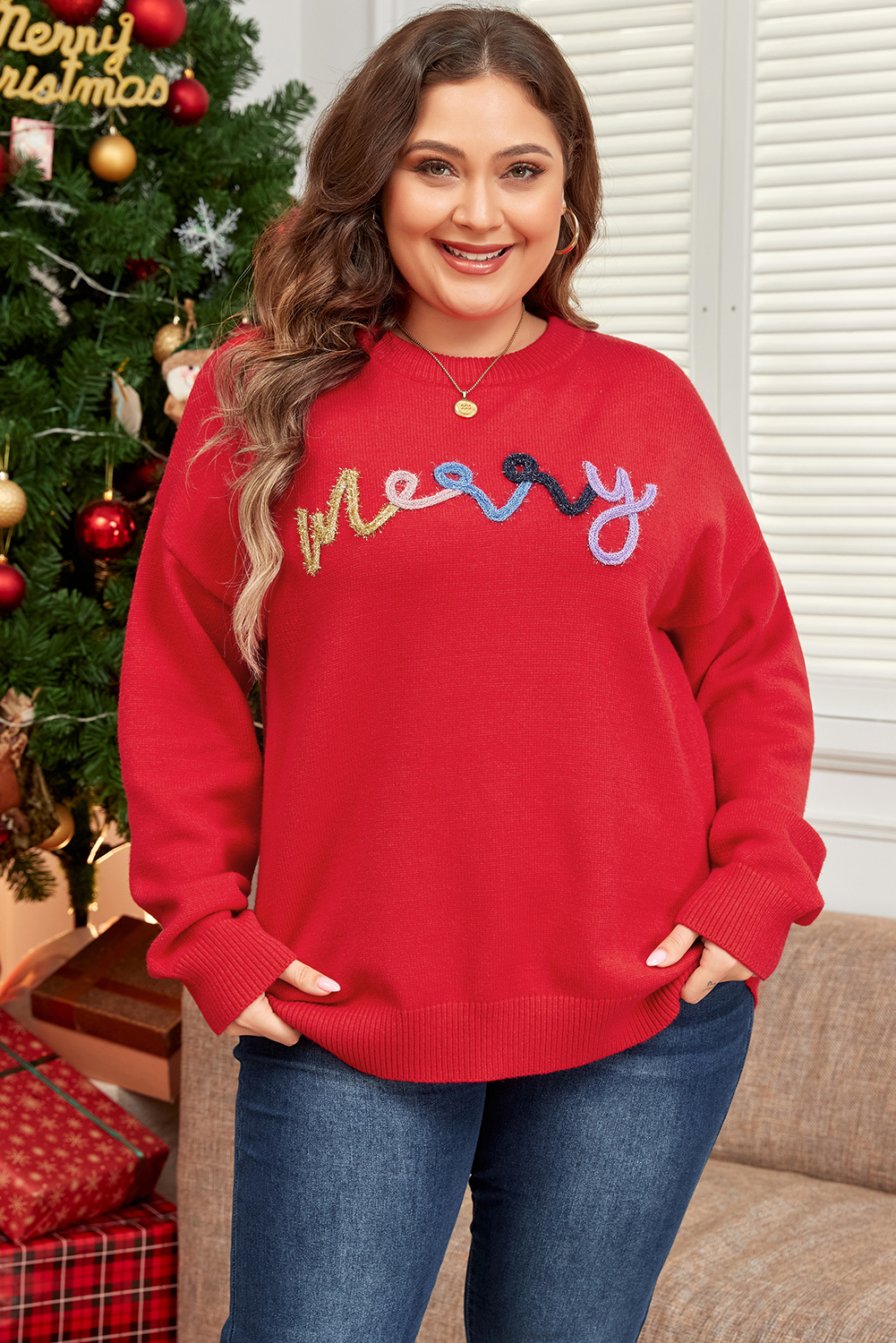 Fiery Red Tinsel Merry Letter Drop Shoulder Baggy Sweater - loveforevers