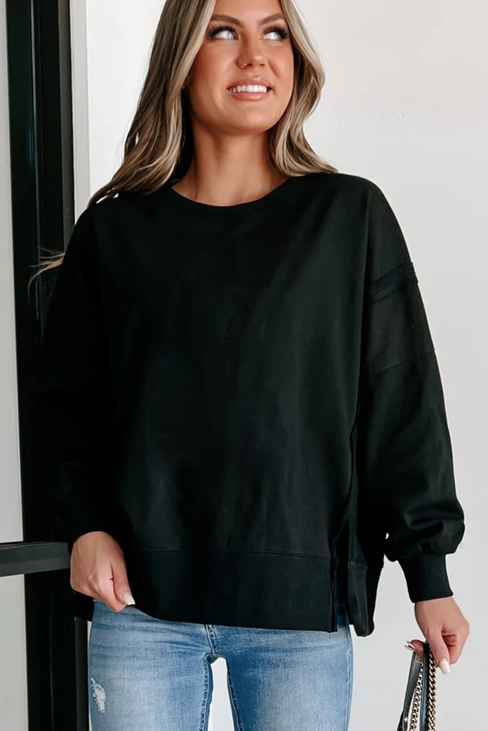 Black Exposed Seam Drop Shoulder Round Neck Sweatshirt with Slits - loveforevers