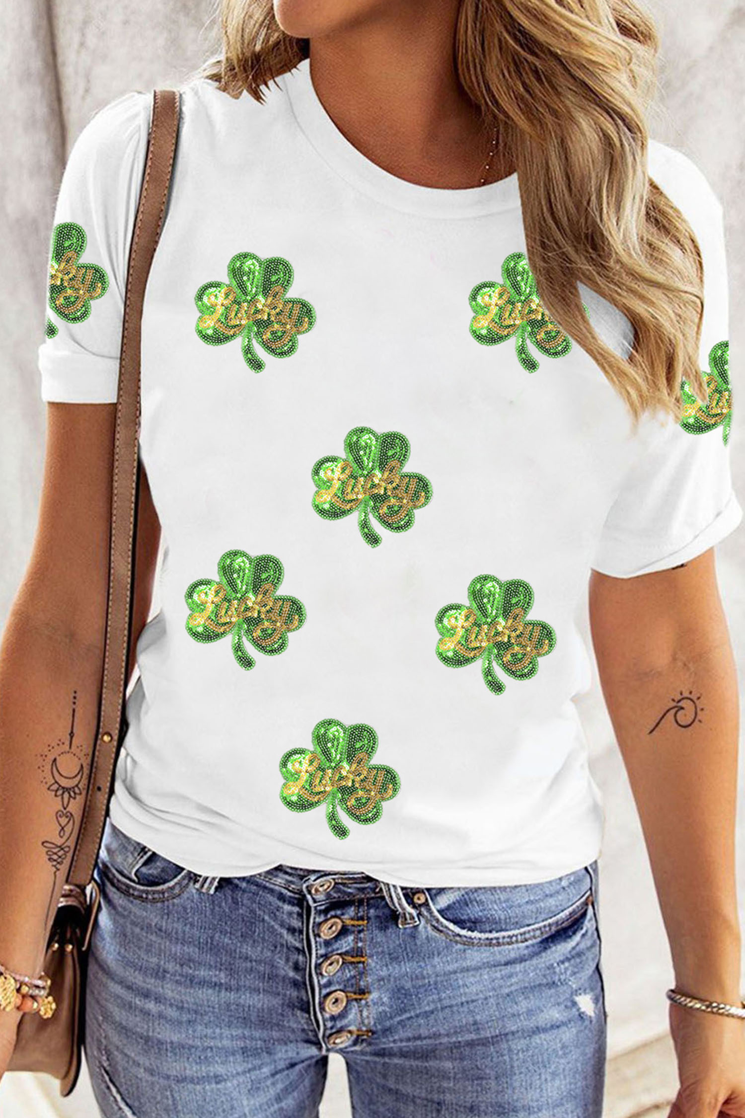 White Sequin Lucky Clover Patched Casual Round Neck Tee - loveforevers