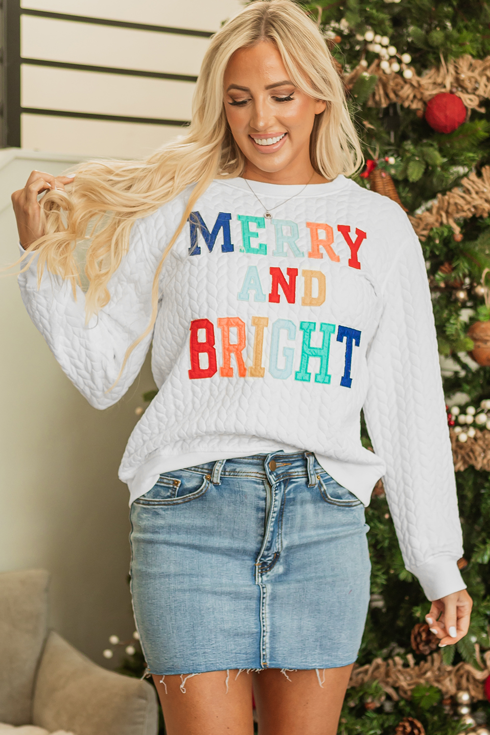 White LOVE Chenille Embroidered Cable Knit Pullover Sweatshirt - loveforevers