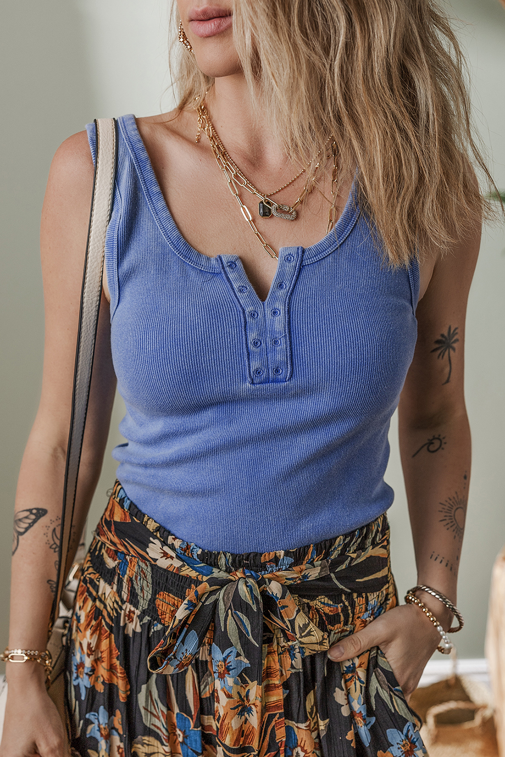 Sky Blue Mineral Wash Ribbed Notch Neck Tank Top - loveforevers