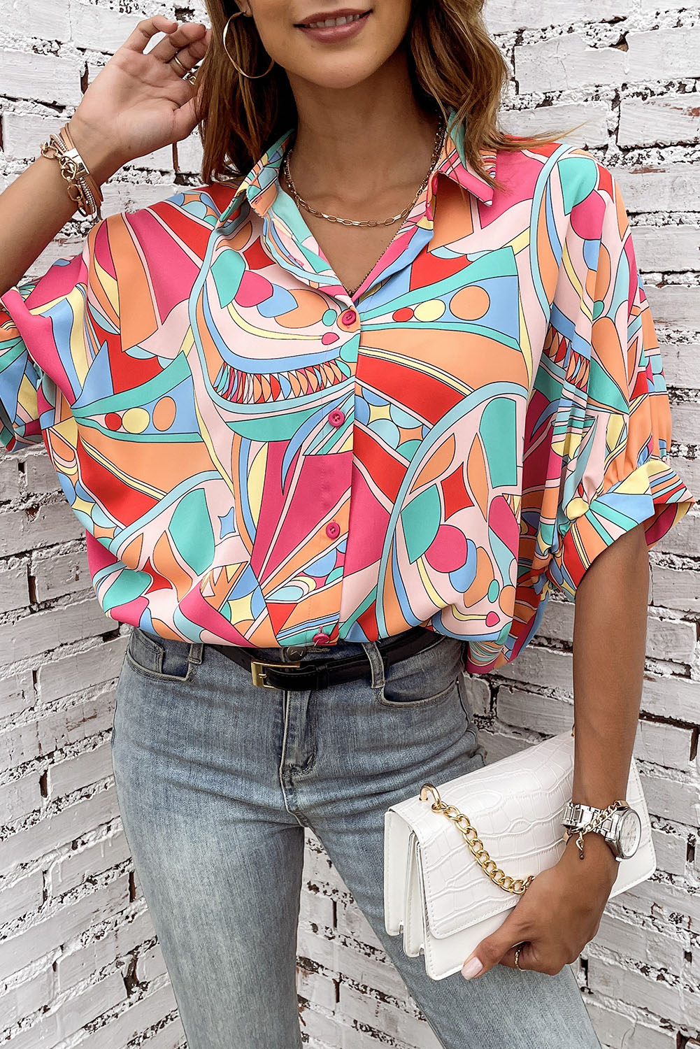 Multicolor Abstract Geometry Print Half Puff Sleeve Loose Shirt - loveforevers