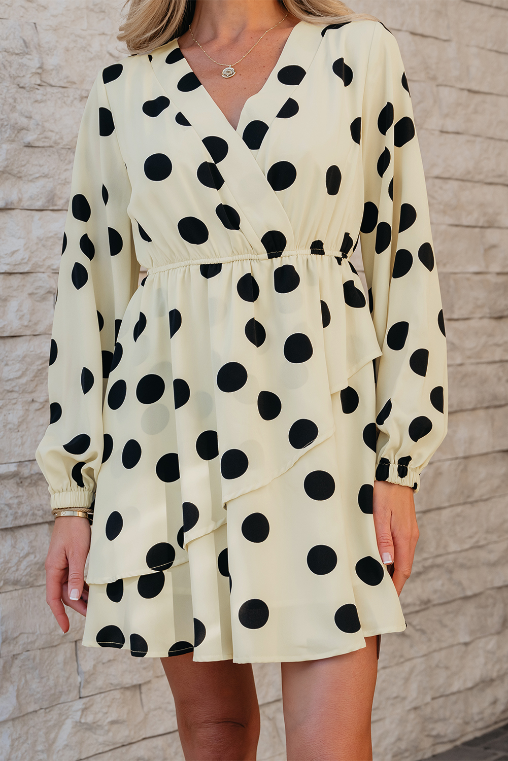 Beige Polka Dot Printed Surplice V Neck Puff Sleeve Mini Dress - loveforevers