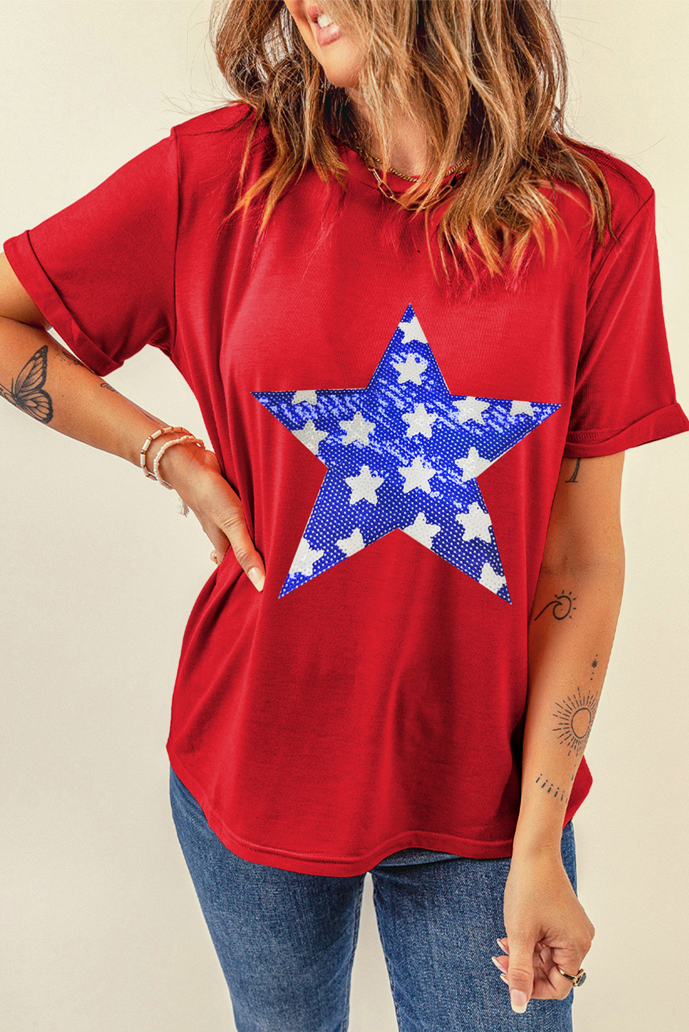 Red Sequin Star Graphic Crewneck T Shirt - loveforevers