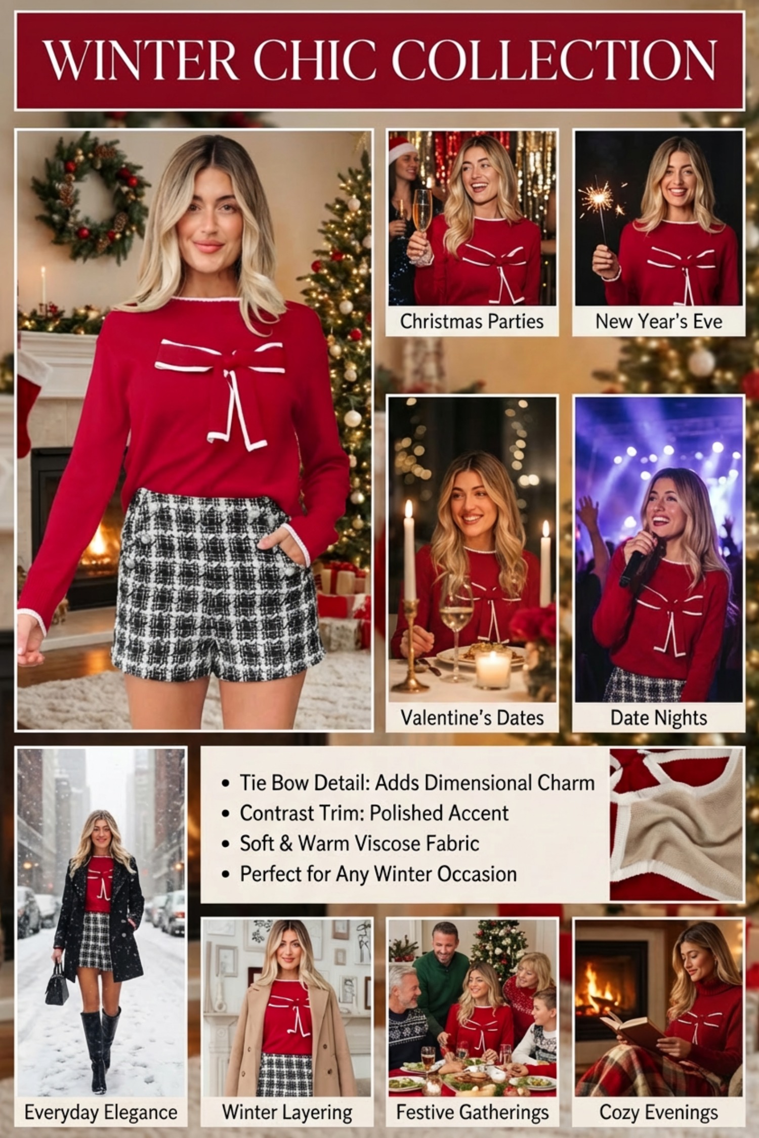 Black Contrast Trim Big Bow Accent Holiday Cropped Sweater - loveforevers