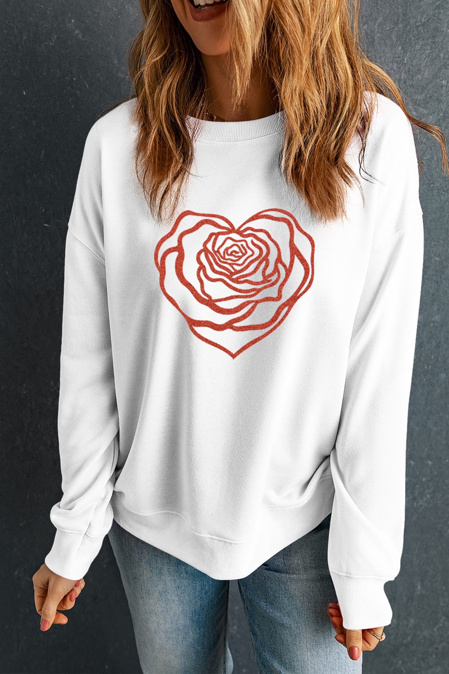 White Love Rose Shimmer Foil Printed Drop Shoulder Sweatshirt - loveforevers
