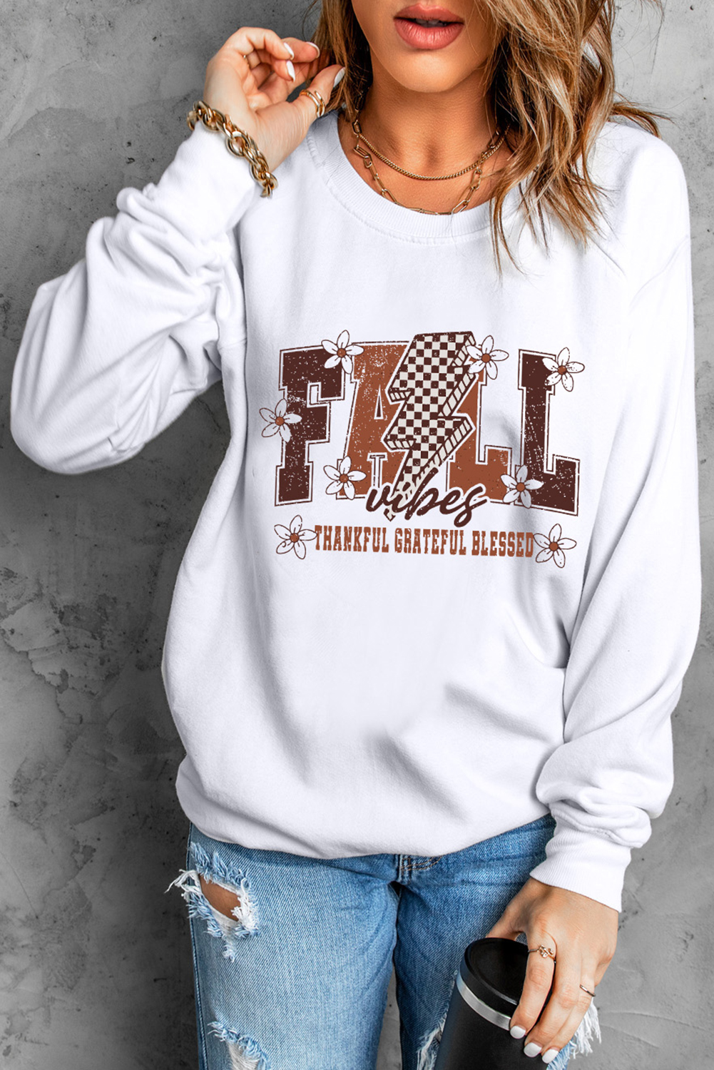 White FALL THANKFUL Graphic Drop Shoulder Sweatshirt - loveforevers