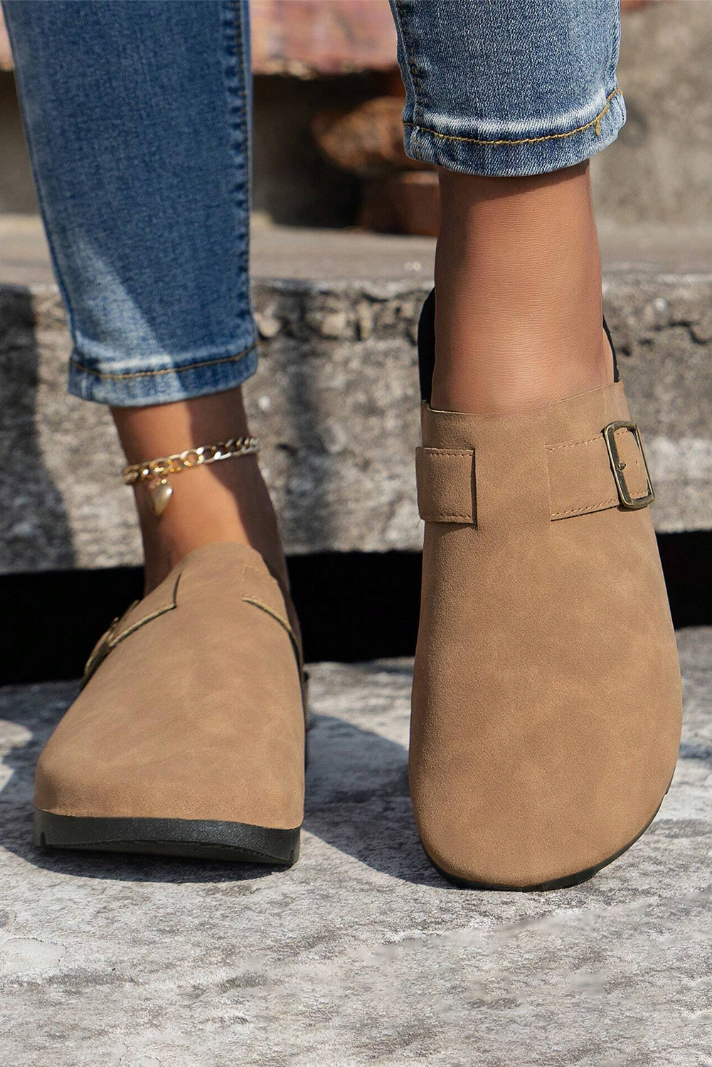 Light French Beige Suede Buckle Detail Slippers - loveforevers