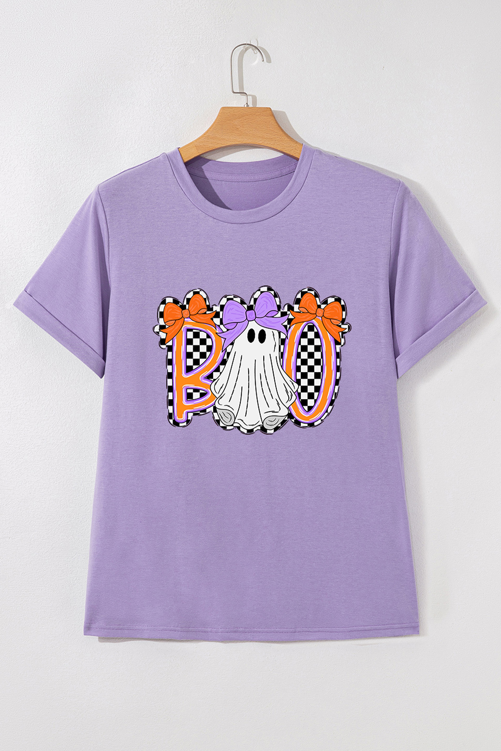 Wisteria Boo Checkered Bow Ghost Halloween Graphic Tee - loveforevers